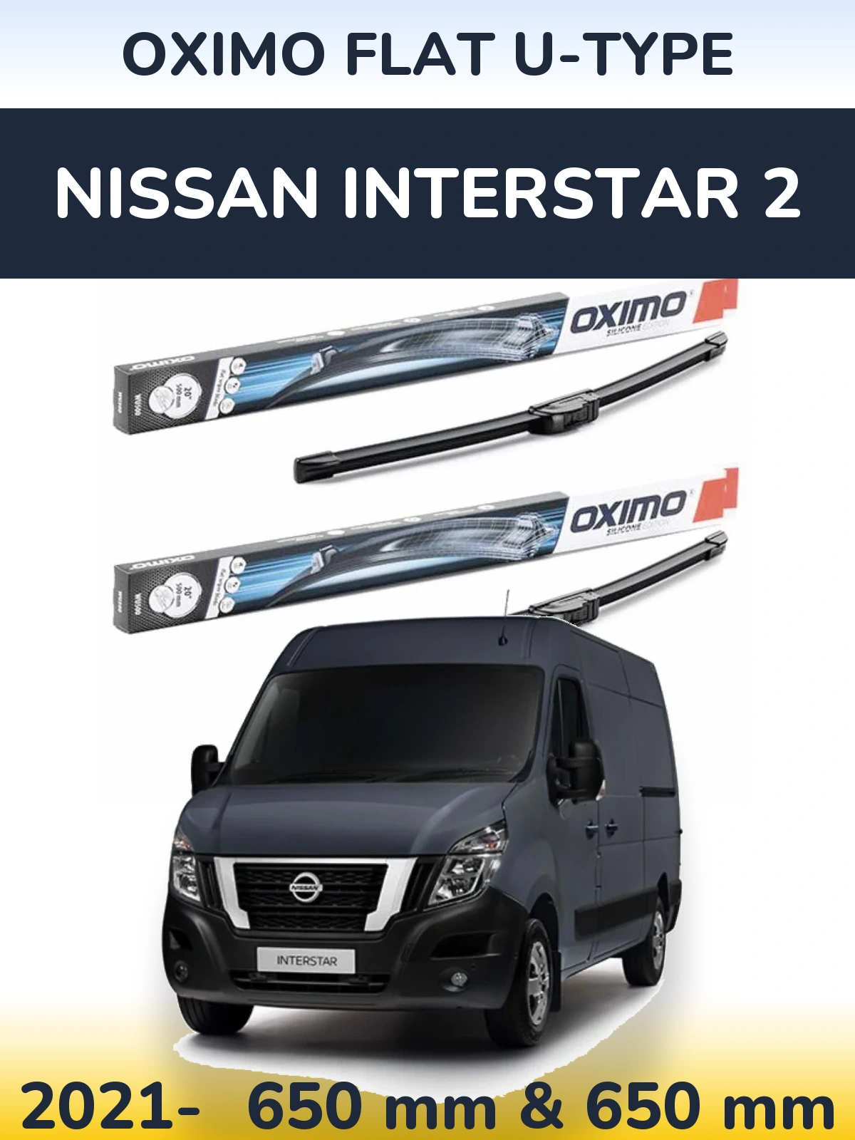 Sada předních stěračů Oximo Flat U-type 650 a 650 mm pro Nissan Interstar 2 2021-2026