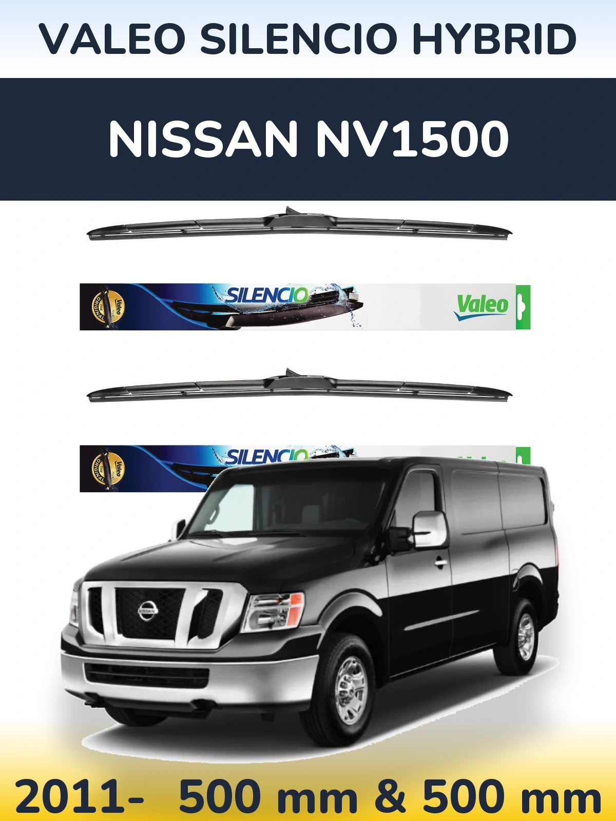 Sada předních stěračů Valeo Silencio Hybrid 500 a 500 mm pro Nissan NV1500 2011-2026