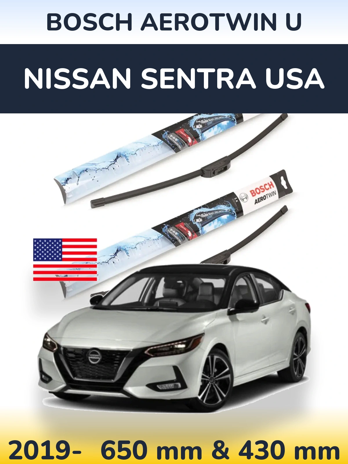 Sada předních stěračů BOSCH AeroTwin U 650 a 430 mm pro Nissan Sentra USA 2019-2026