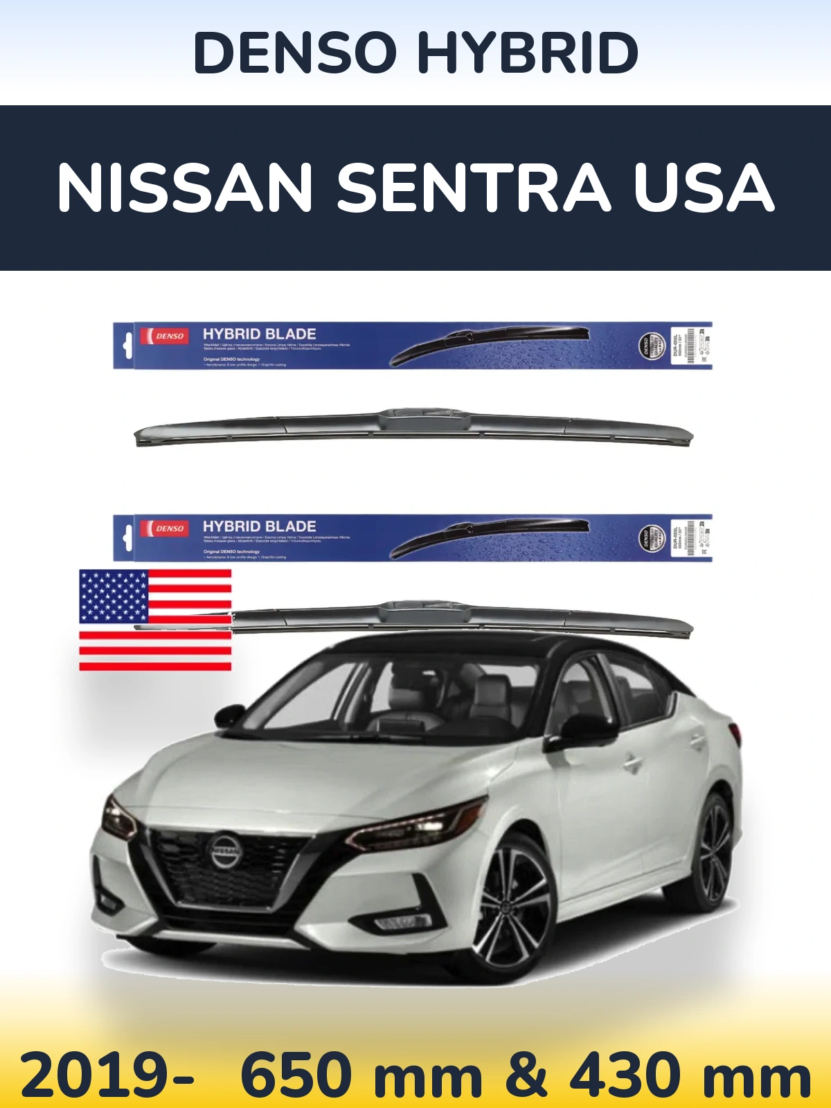 Sada předních stěračů Denso Hybrid 650 a 430 mm pro Nissan Sentra USA 2019-2026