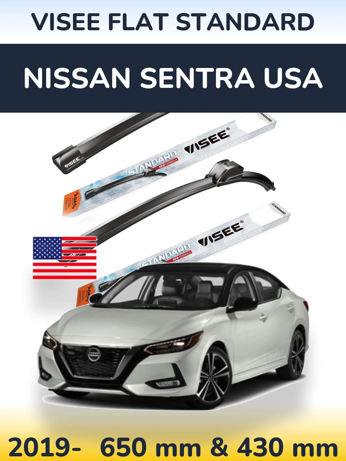 Sada předních stěračů VISEE FLAT STANDARD 650 a 430 mm pro Nissan Sentra USA 2019-2026