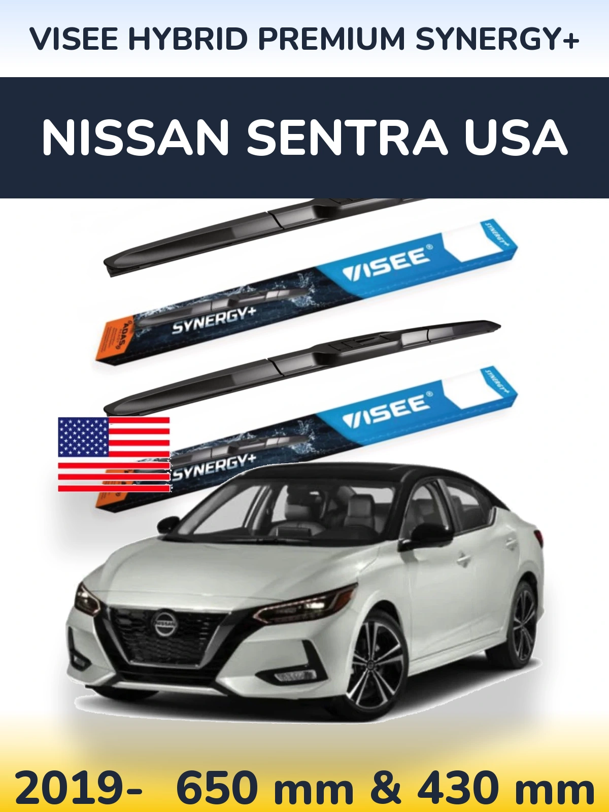Sada předních stěračů VISEE HYBRID PREMIUM SYNERGY+ 650 a 430 mm pro Nissan Sentra USA 2019-2026