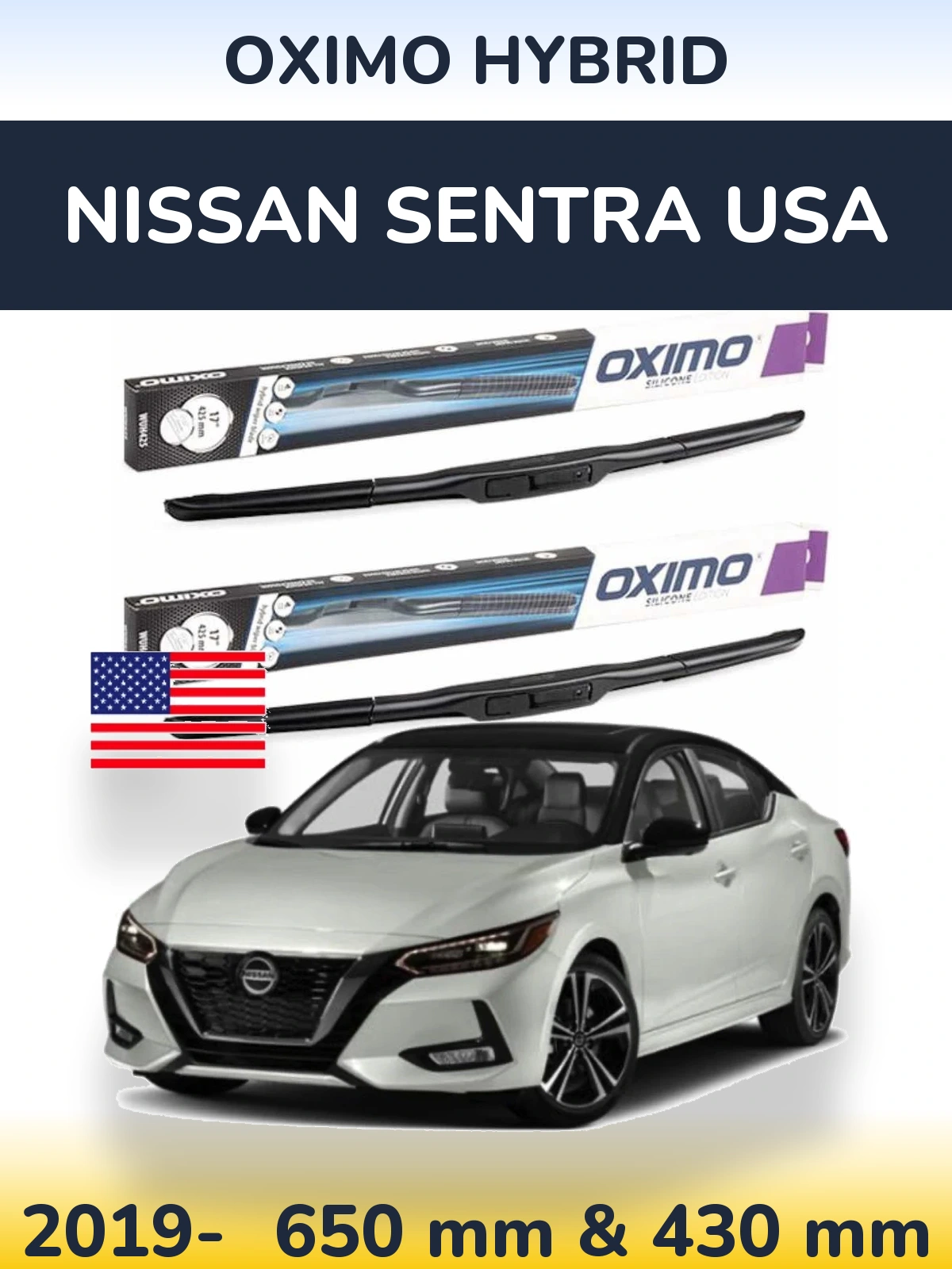 Sada předních stěračů Oximo Hybrid 650 a 430 mm pro Nissan Sentra USA 2019-2026