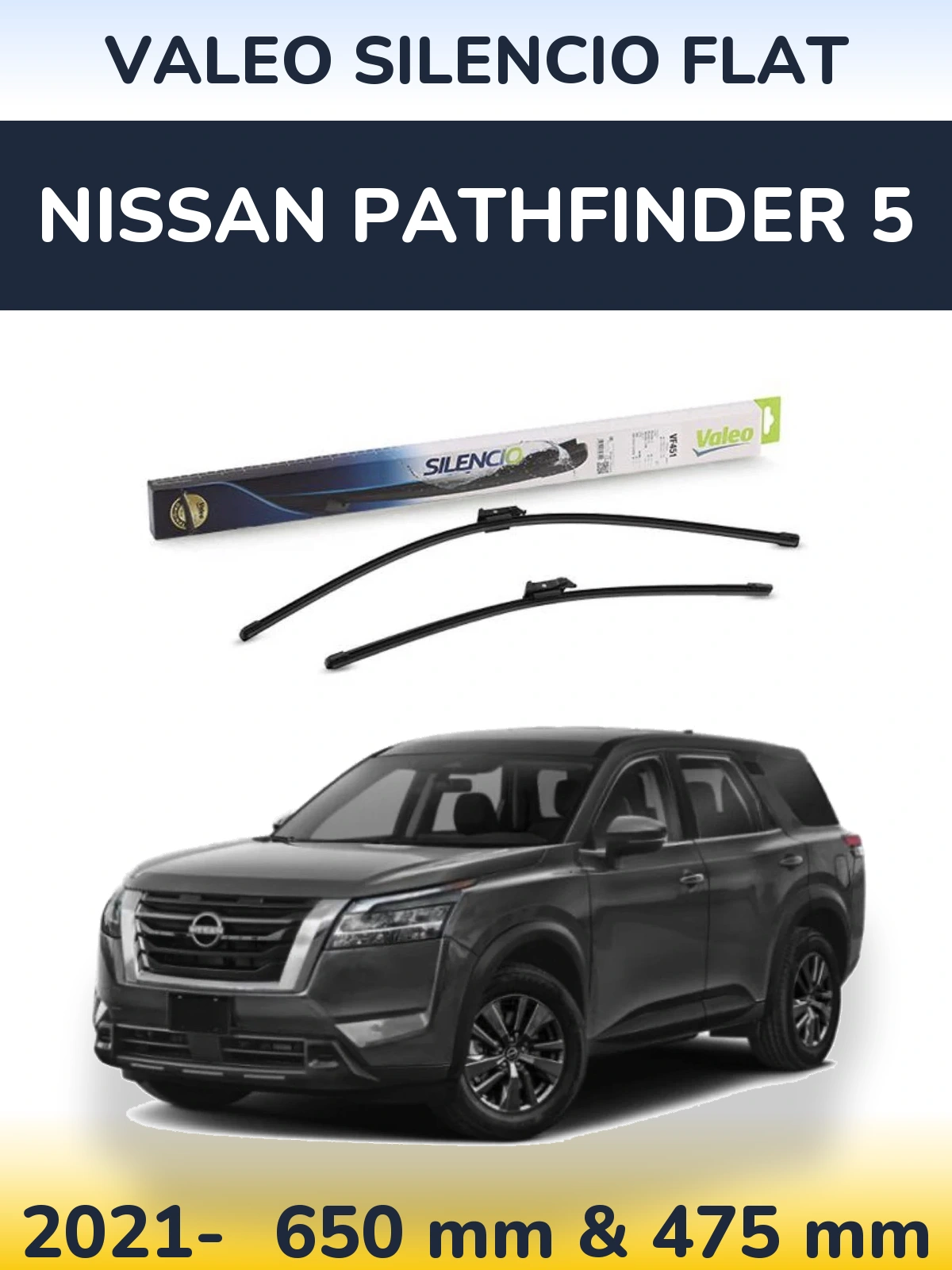Sada předních stěračů Valeo Silencio Flat 650 a 475 mm pro Nissan Pathfinder 5 2021-2026