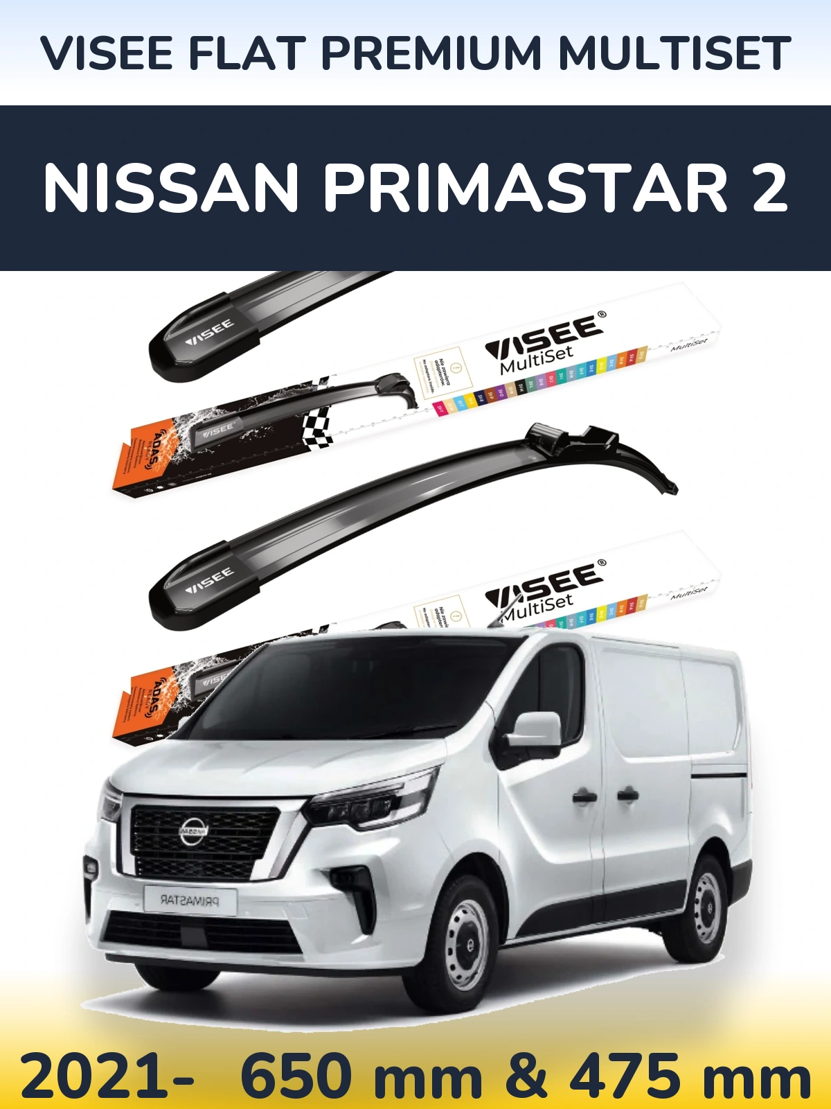 Sada předních stěračů VISEE FLAT PREMIUM MultiSet 650 a 475 mm pro Nissan Primastar 2 2021-2026