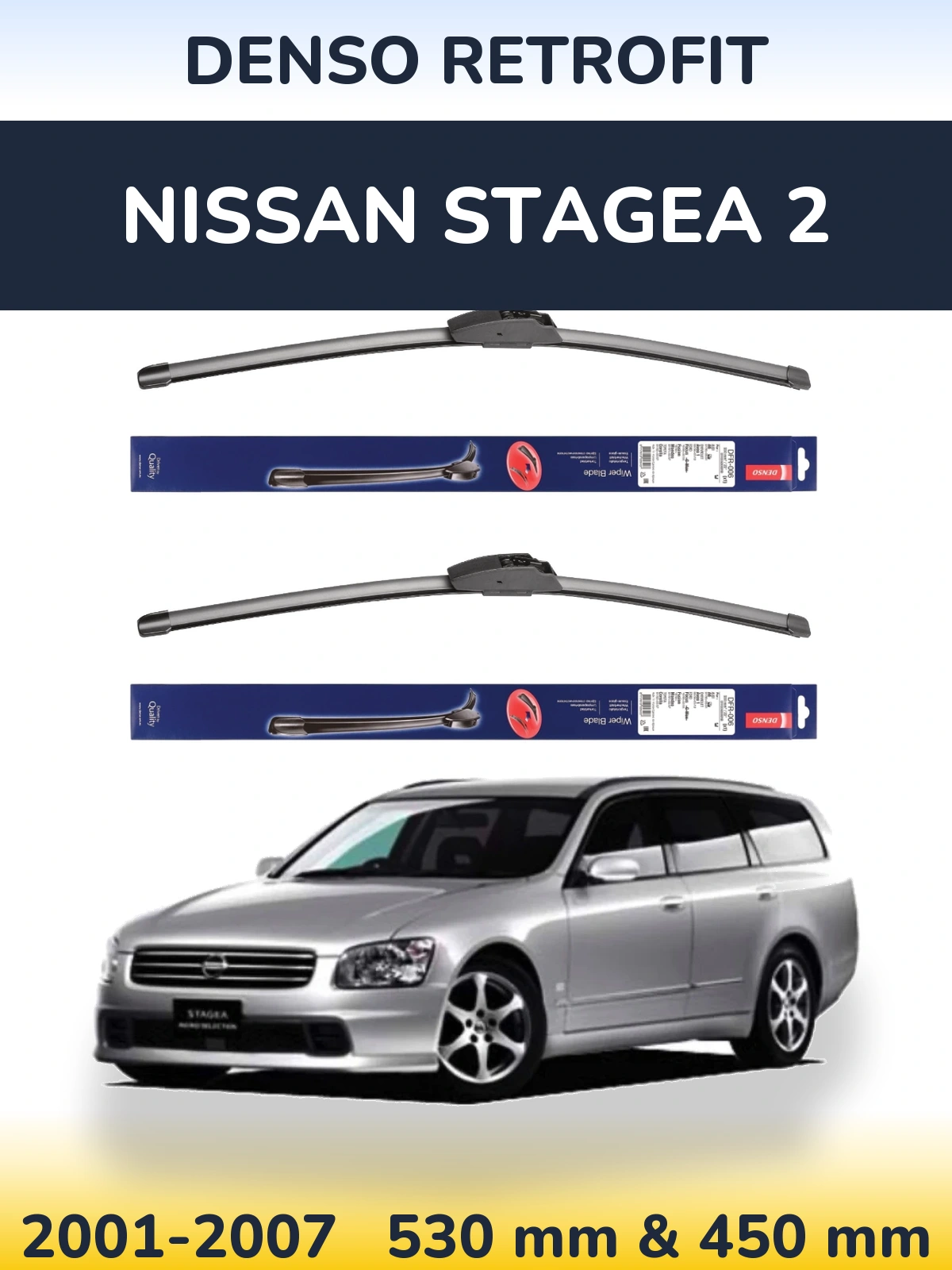Sada předních stěračů Denso Retrofit 530 a 450 mm pro Nissan Stagea 2 2001-2007