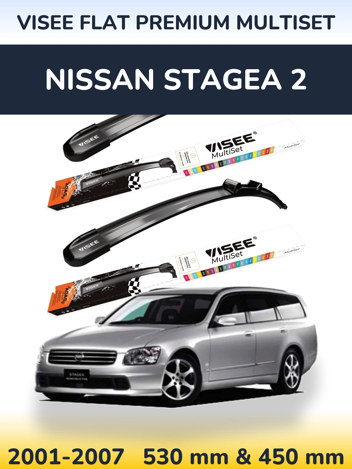 Sada předních stěračů VISEE FLAT PREMIUM MultiSet 530 a 450 mm pro Nissan Stagea 2 2001-2007
