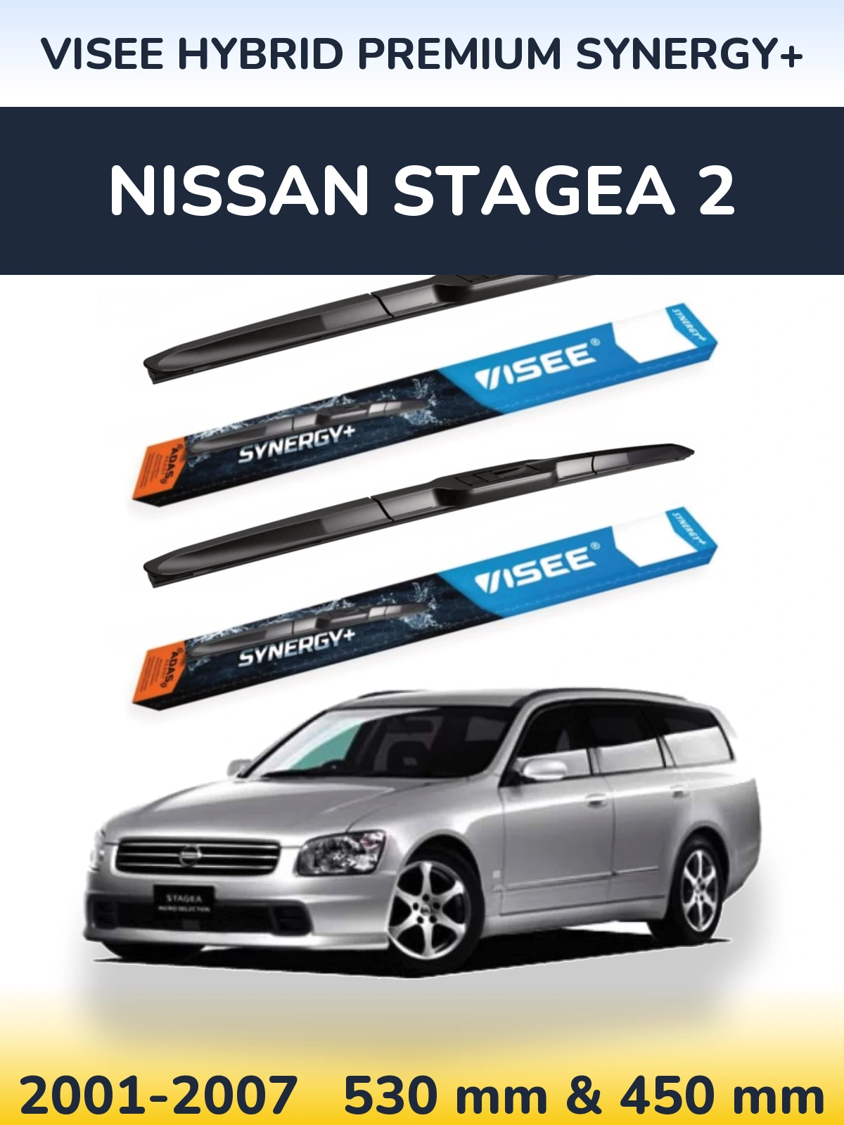 Sada předních stěračů VISEE HYBRID PREMIUM SYNERGY+ 530 a 450 mm pro Nissan Stagea 2 2001-2007