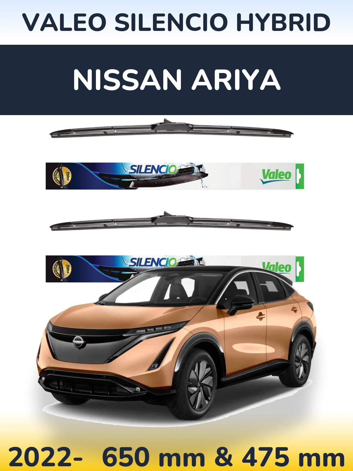 Sada předních stěračů Valeo Silencio Hybrid 650 a 475 mm pro Nissan Ariya 2022-2026