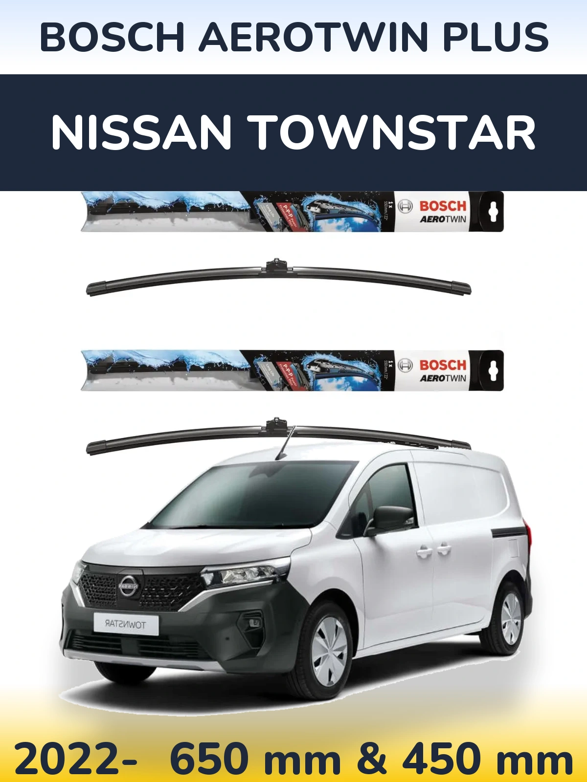 Sada předních stěračů BOSCH AeroTwin Plus 650 a 450 mm pro Nissan Townstar 2022-2026