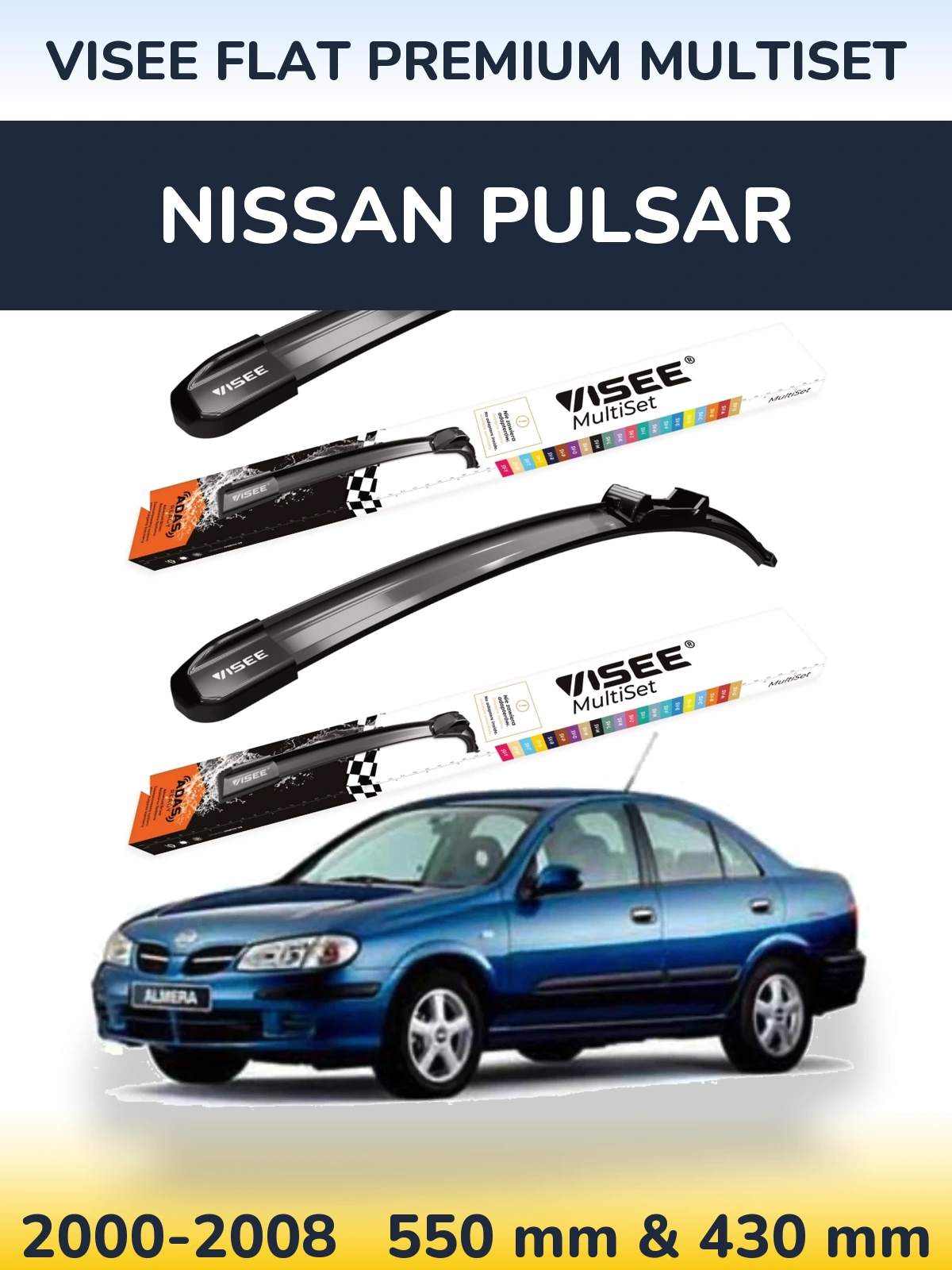 Sada předních stěračů VISEE FLAT PREMIUM MultiSet 550 a 430 mm pro Nissan Pulsar 2000-2008