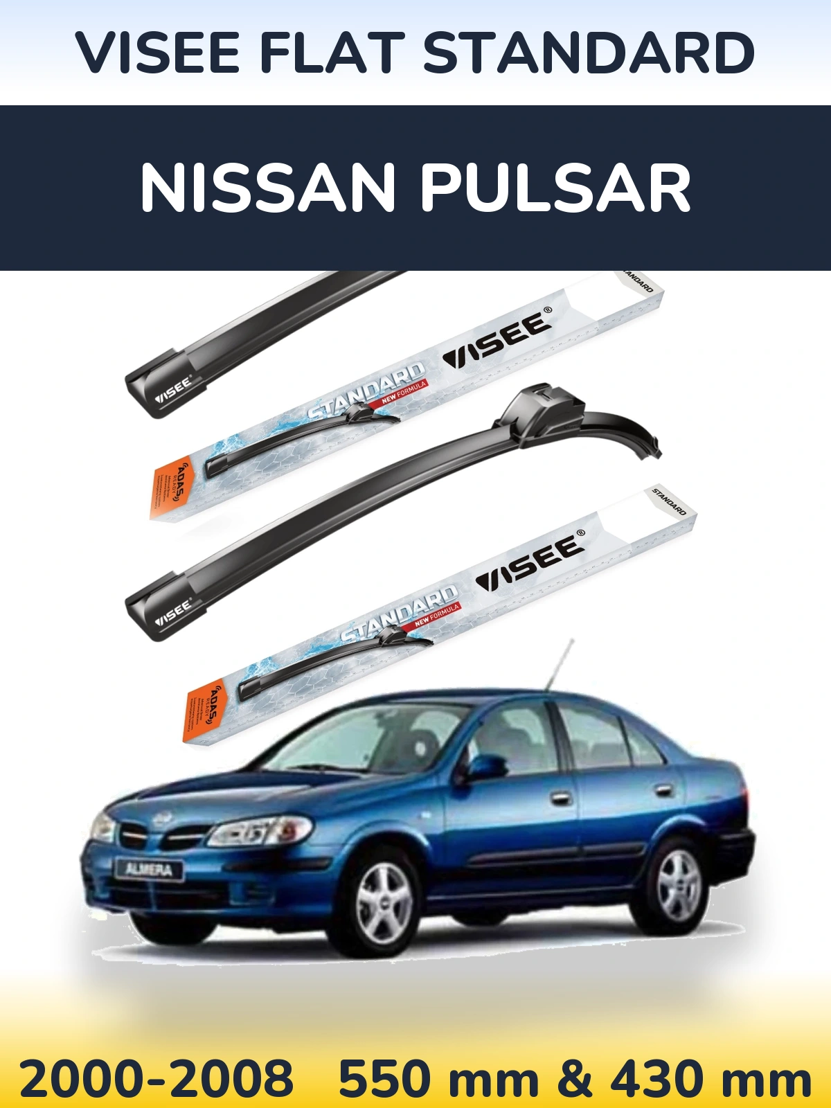 Sada předních stěračů VISEE FLAT STANDARD 550 a 430 mm pro Nissan Pulsar 2000-2008