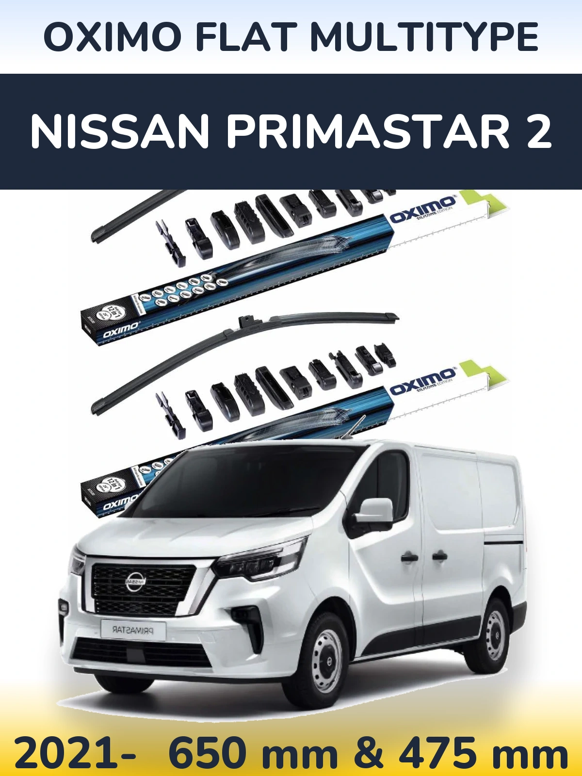 Комплект передніх щіток Oximo Flat MultiТипe 650 & 475 мм для Nissan Primastar 2 2021-2026