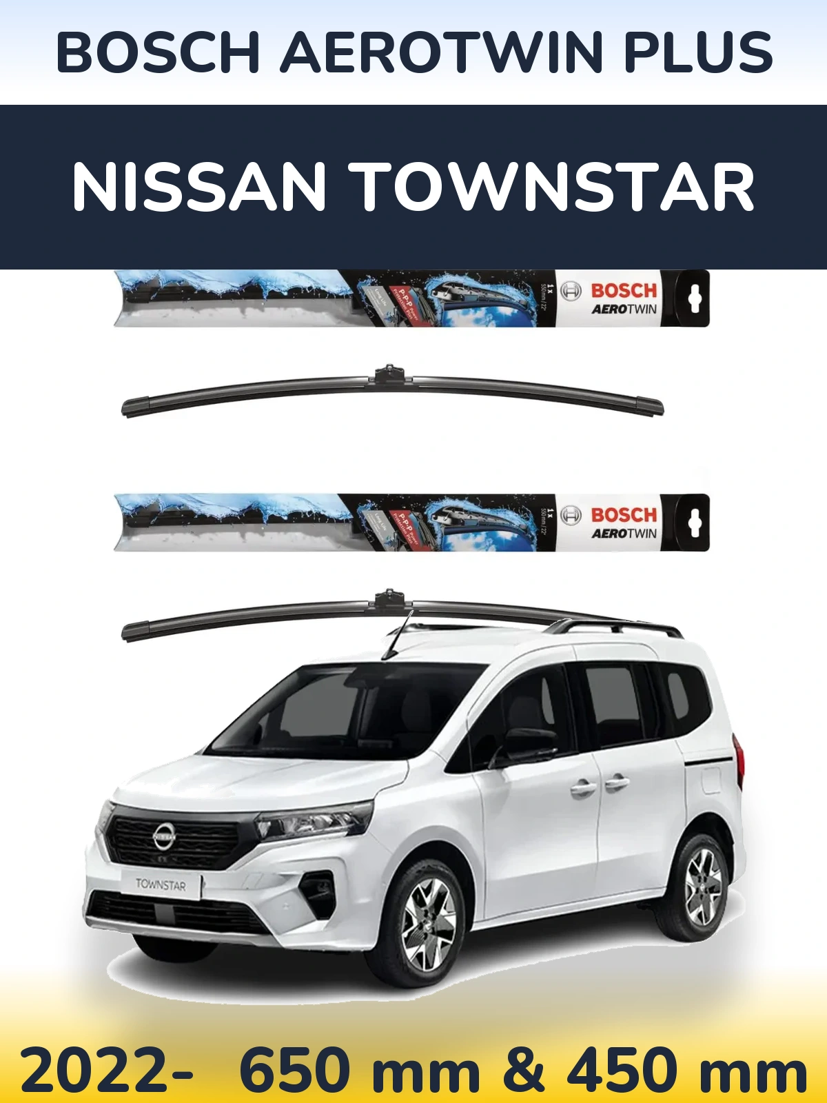 Sada předních stěračů BOSCH AeroTwin Plus 650 a 450 mm pro Nissan Townstar 2022-2026