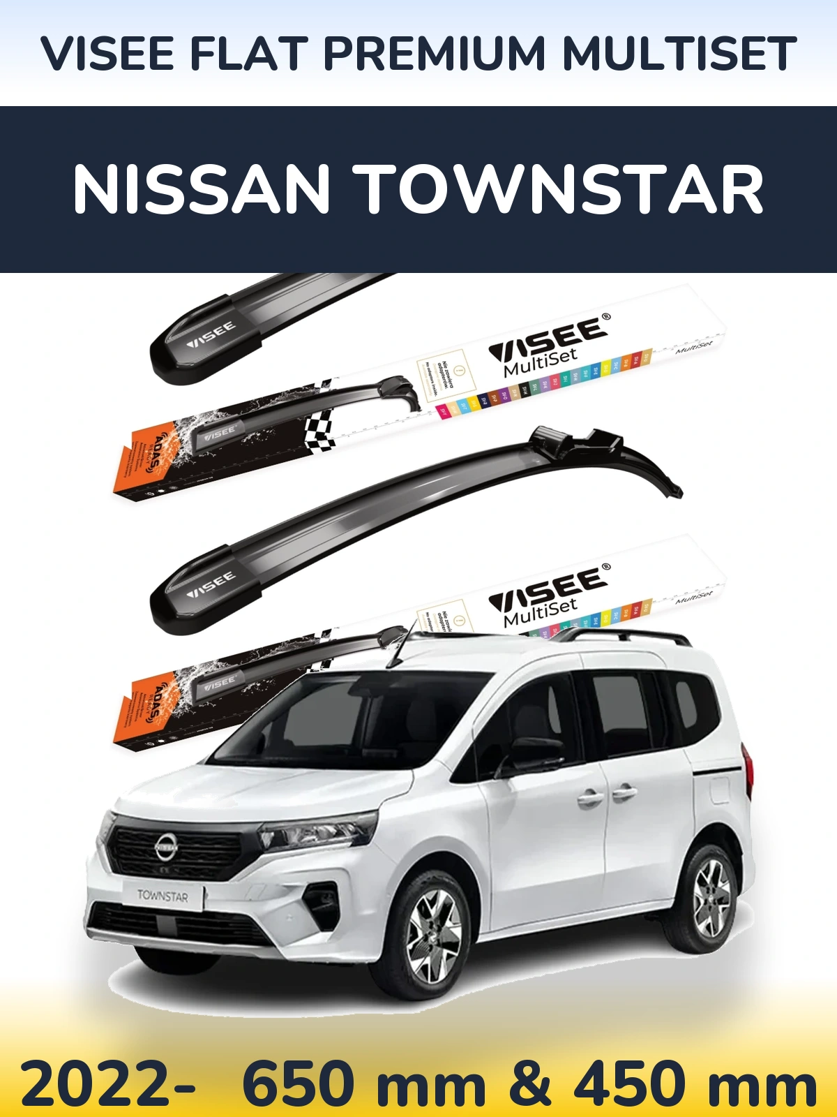 Комплект передніх щіток VISEE FLAT PREMIUM MultiSet 650 & 450 мм для Nissan Townstar 2022-2026