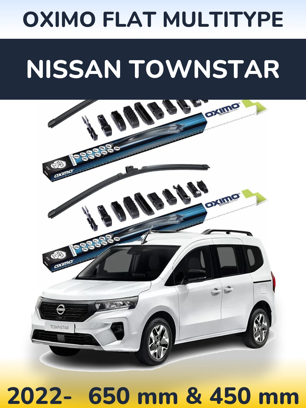 Sada předních stěračů Oximo Flat MultiType 650 a 450 mm pro Nissan Townstar 2022-2026