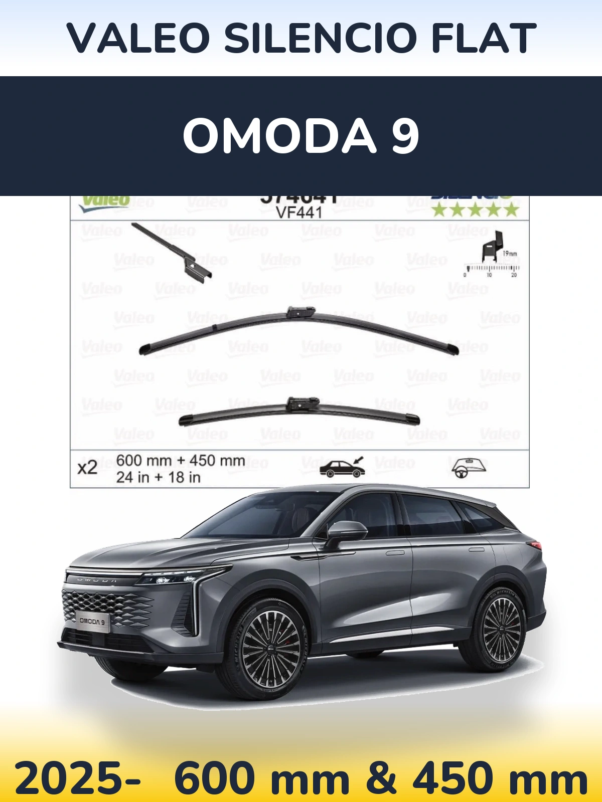 Sada předních stěračů Valeo Silencio Flat 600 a 450 mm pro Omoda 9 2025-2026