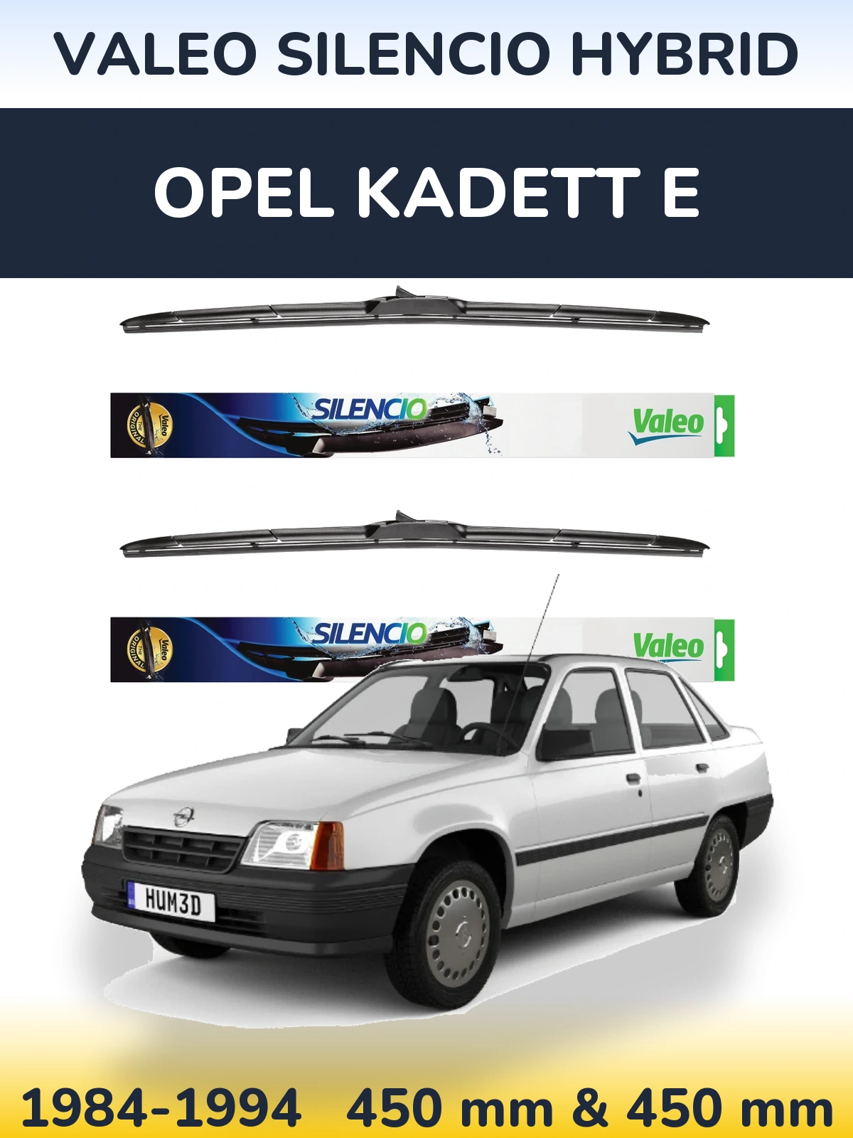 Sada předních stěračů Valeo Silencio Hybrid 450 a 450 mm pro Opel Kadett E 1984-1994
