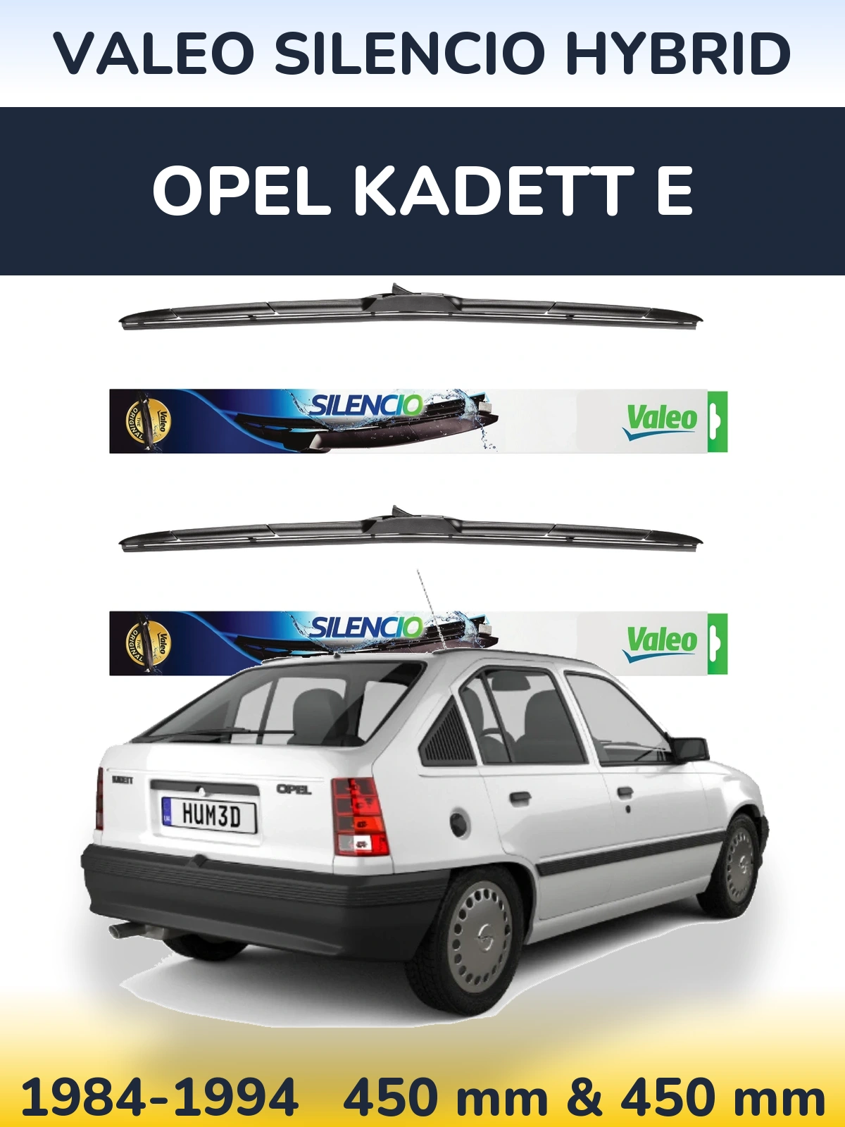 Sada předních stěračů Valeo Silencio Hybrid 450 a 450 mm pro Opel Kadett E 1984-1994