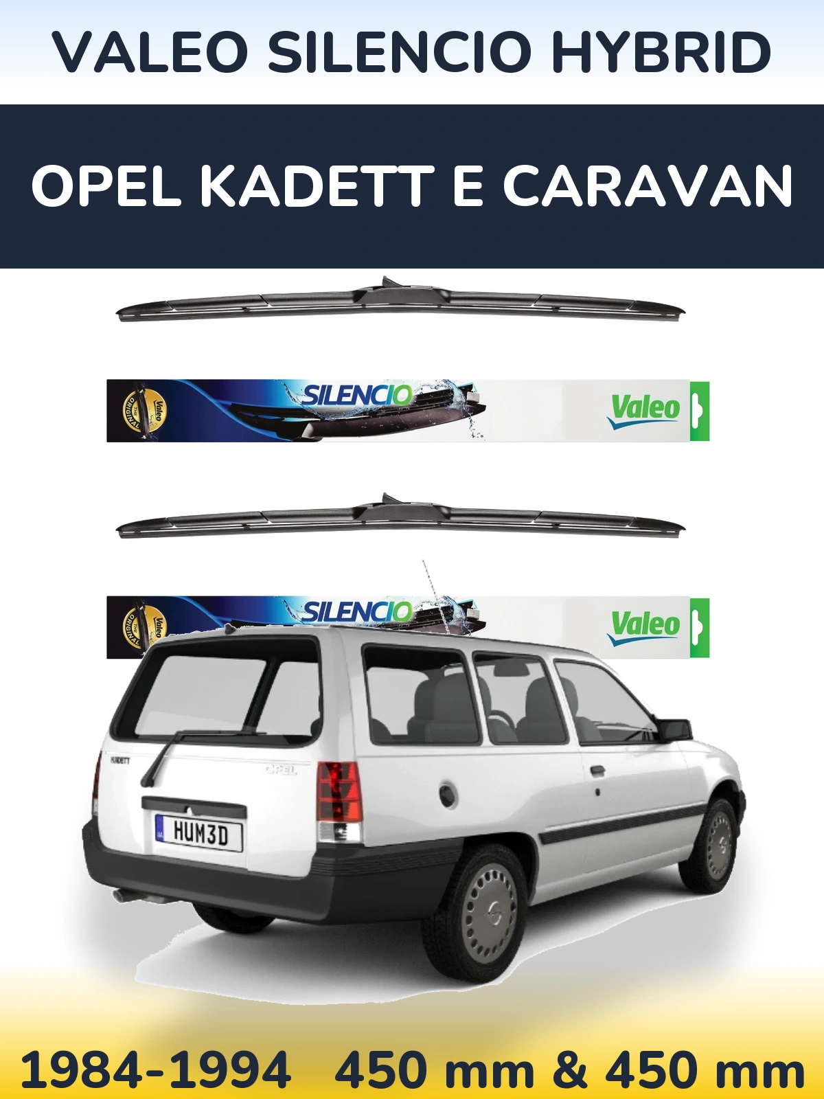 Sada předních stěračů Valeo Silencio Hybrid 450 a 450 mm pro Opel Kadett E Caravan 1984-1994