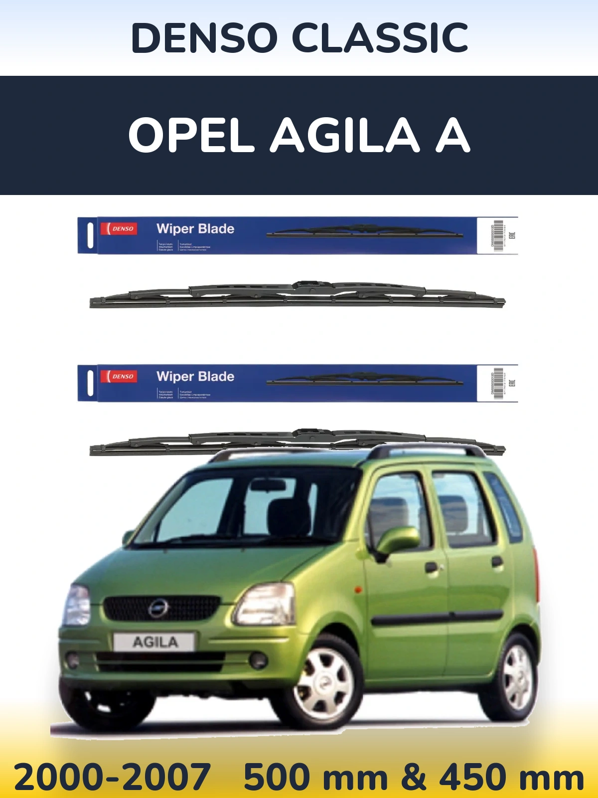 Sada předních stěračů Denso Classic 500 a 450 mm pro Opel Agila A 2000-2007