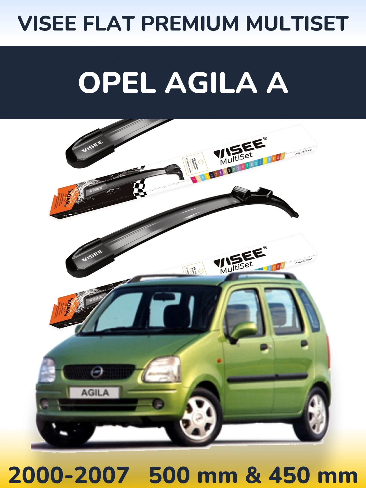 Sada předních stěračů VISEE FLAT PREMIUM MultiSet 500 a 450 mm pro Opel Agila A 2000-2007