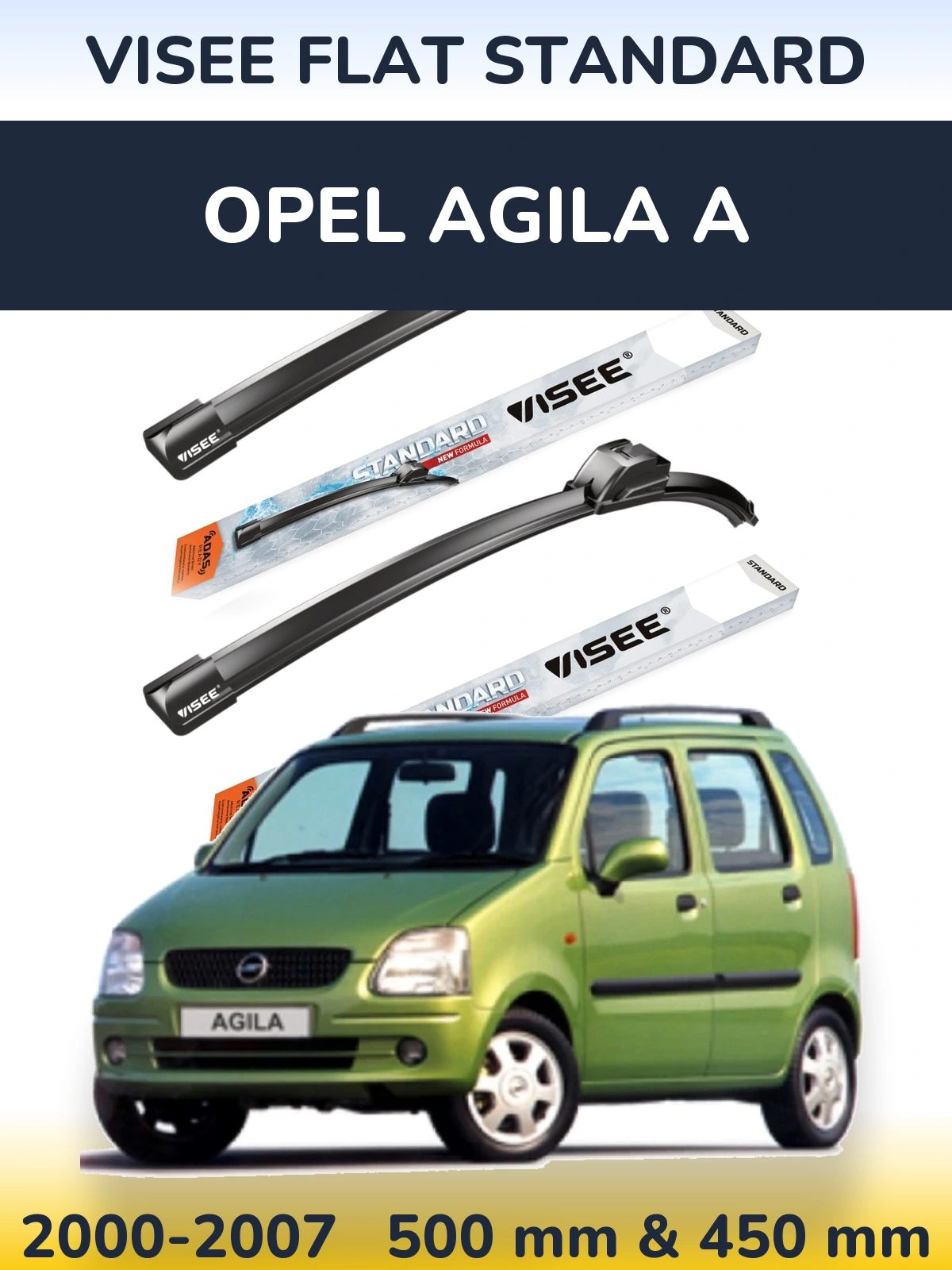 Комплект передніх щіток VISEE FLAT STANDARD 500 & 450 мм для Opel Agila A 2000-2007