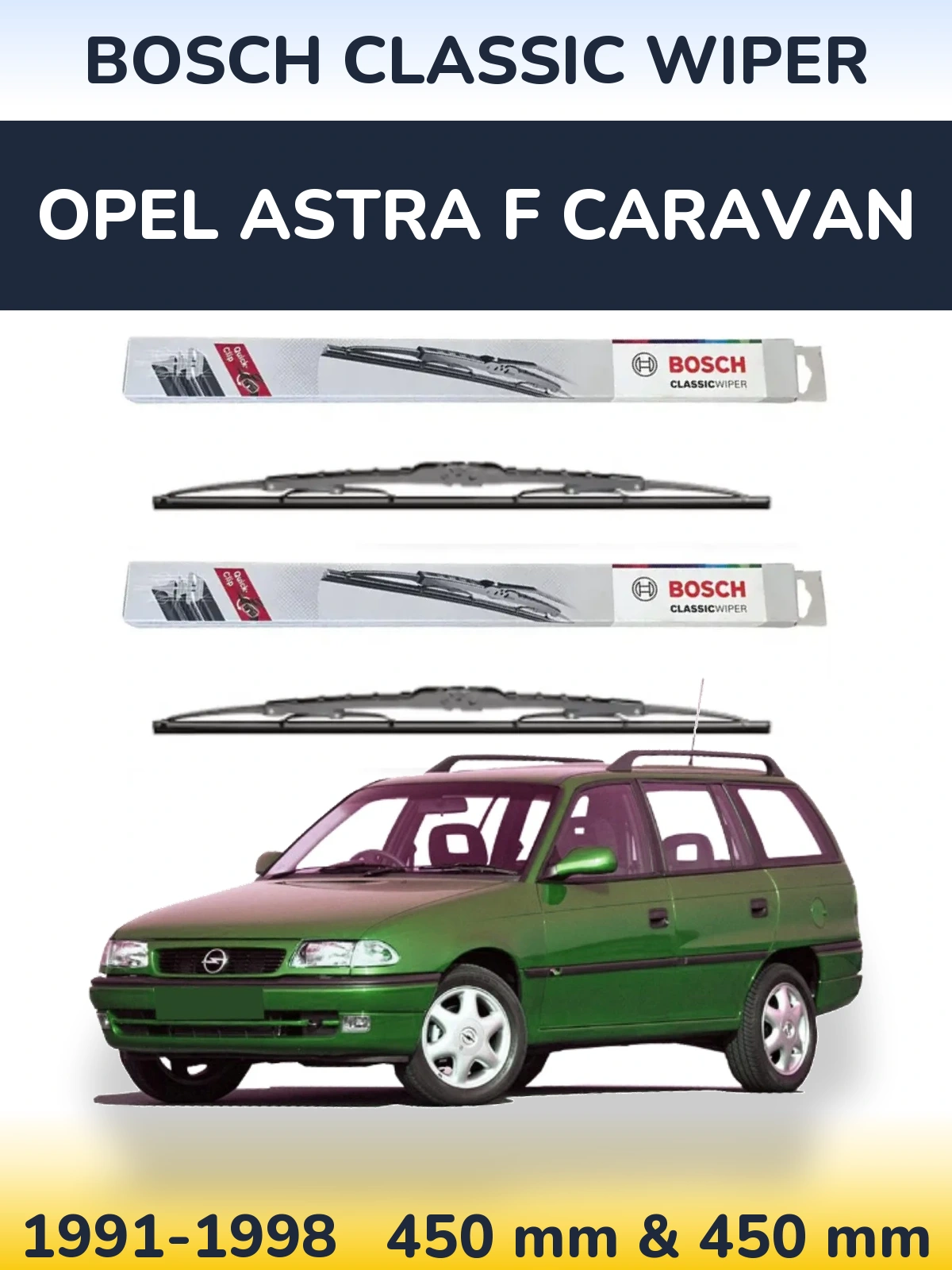 Sada předních stěračů BOSCH Classic Wiper 450 a 450 mm pro Opel Astra F Caravan 1991-1998