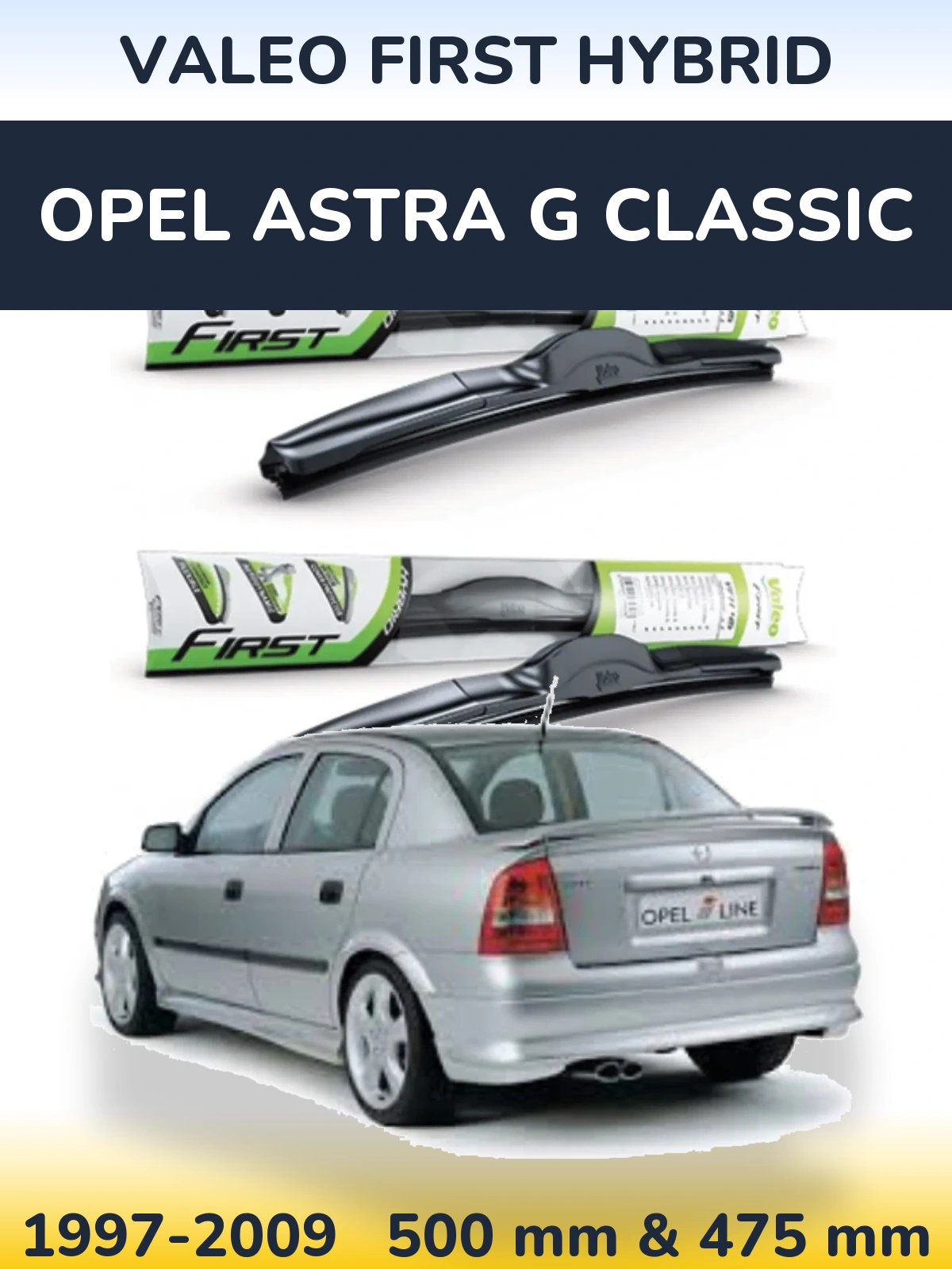 Sada předních stěračů Valeo First Hybrid 500 a 475 mm pro Opel Astra G Classic 1997-2009