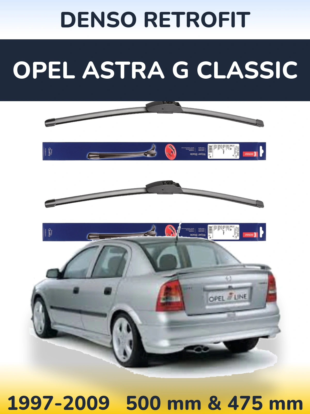 Sada předních stěračů Denso Retrofit 500 a 475 mm pro Opel Astra G Classic 1997-2009