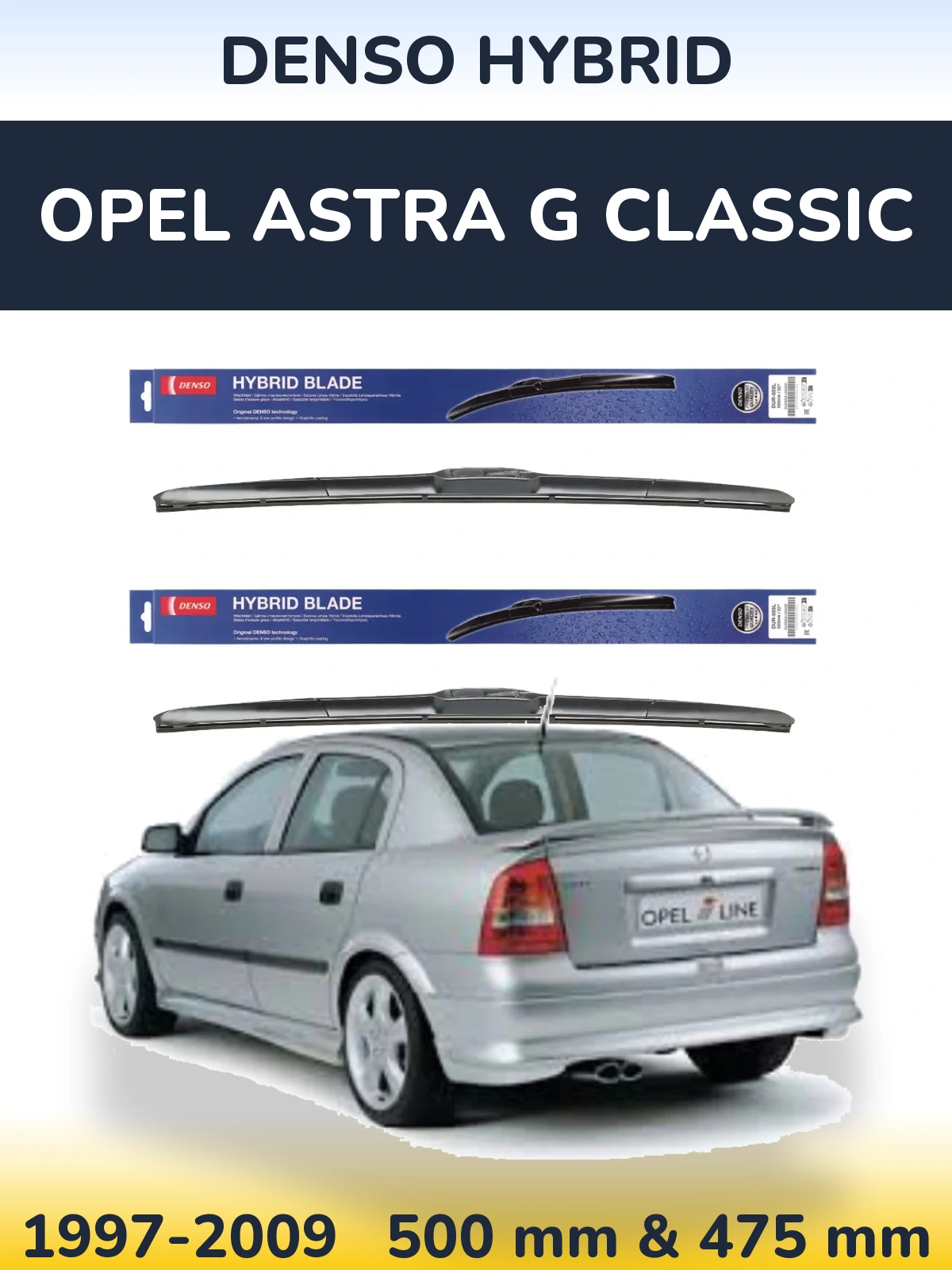 Sada předních stěračů Denso Hybrid 500 a 475 mm pro Opel Astra G Classic 1997-2009