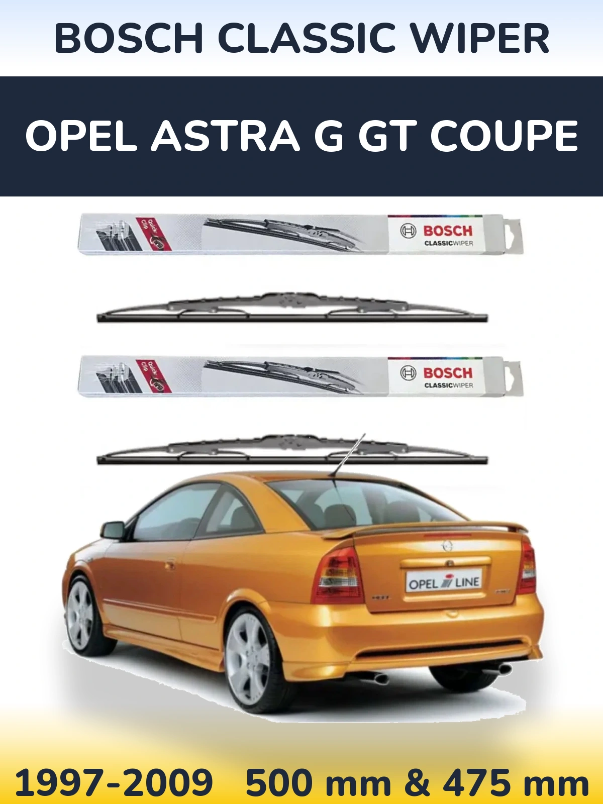 Sada předních stěračů BOSCH Classic Wiper 500 a 475 mm pro Opel Astra G GT coupe 1997-2009