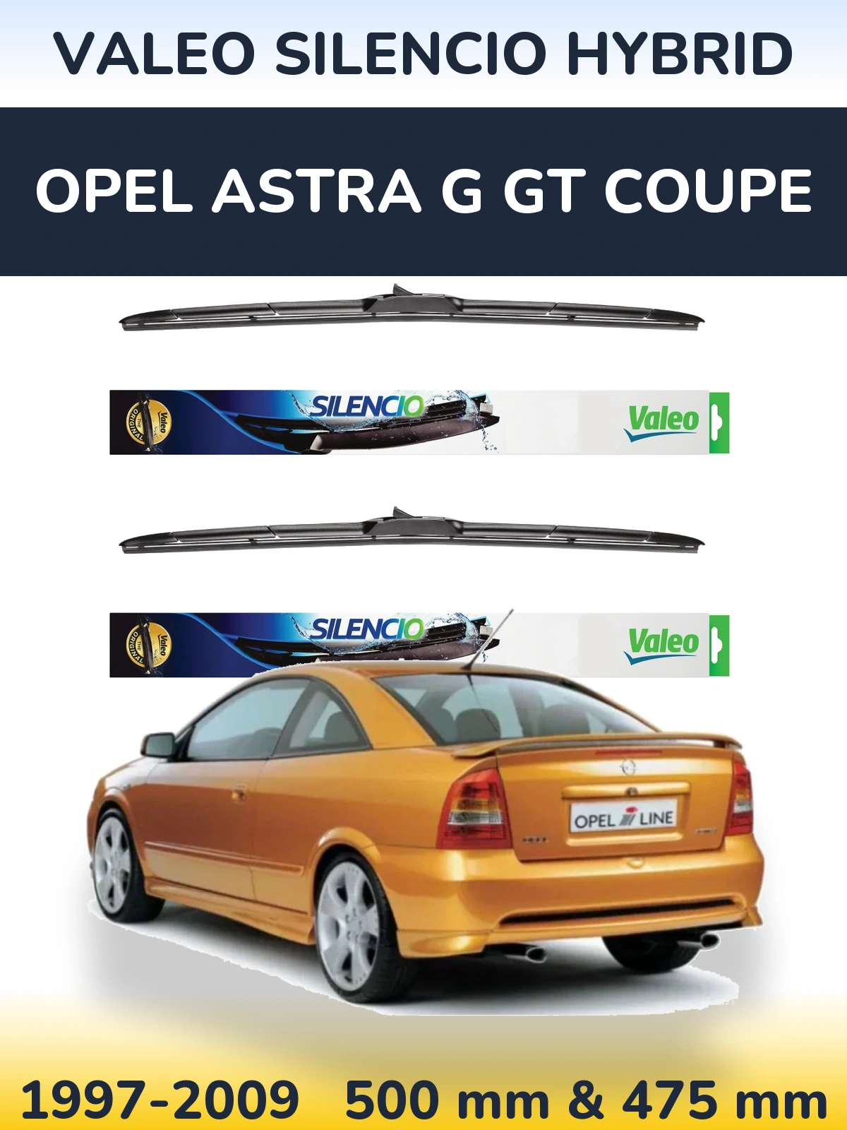 Sada předních stěračů Valeo Silencio Hybrid 500 a 475 mm pro Opel Astra G GT coupe 1997-2009