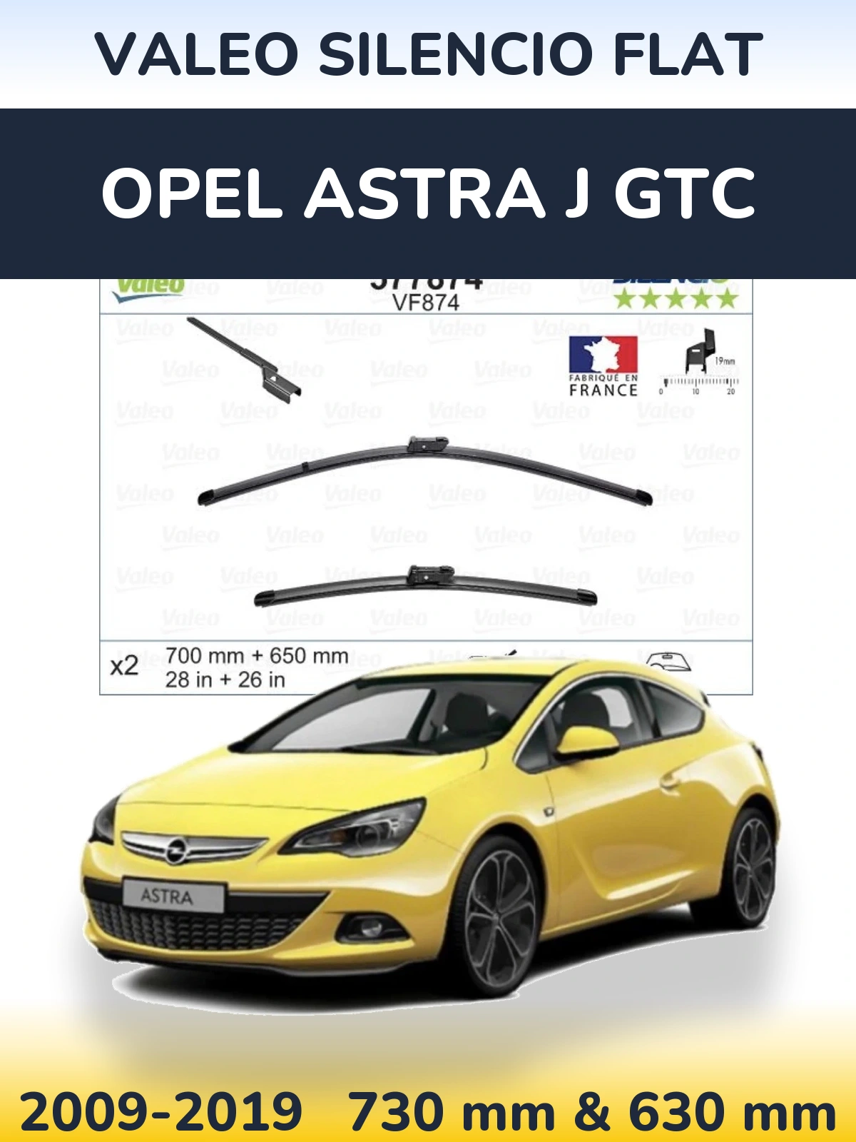 Sada předních stěračů Valeo Silencio Flat 700 a 650 mm pro Opel Astra J GTC 2009-2019