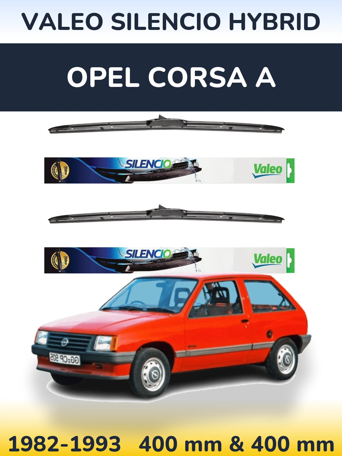Sada předních stěračů Valeo Silencio Hybrid 400 a 400 mm pro Opel Corsa A 1982-1993