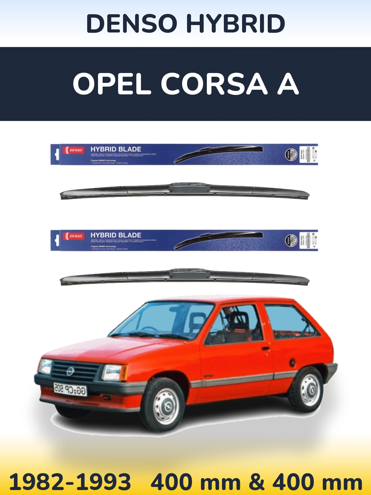 Sada předních stěračů Denso Hybrid 400 a 400 mm pro Opel Corsa A 1982-1993