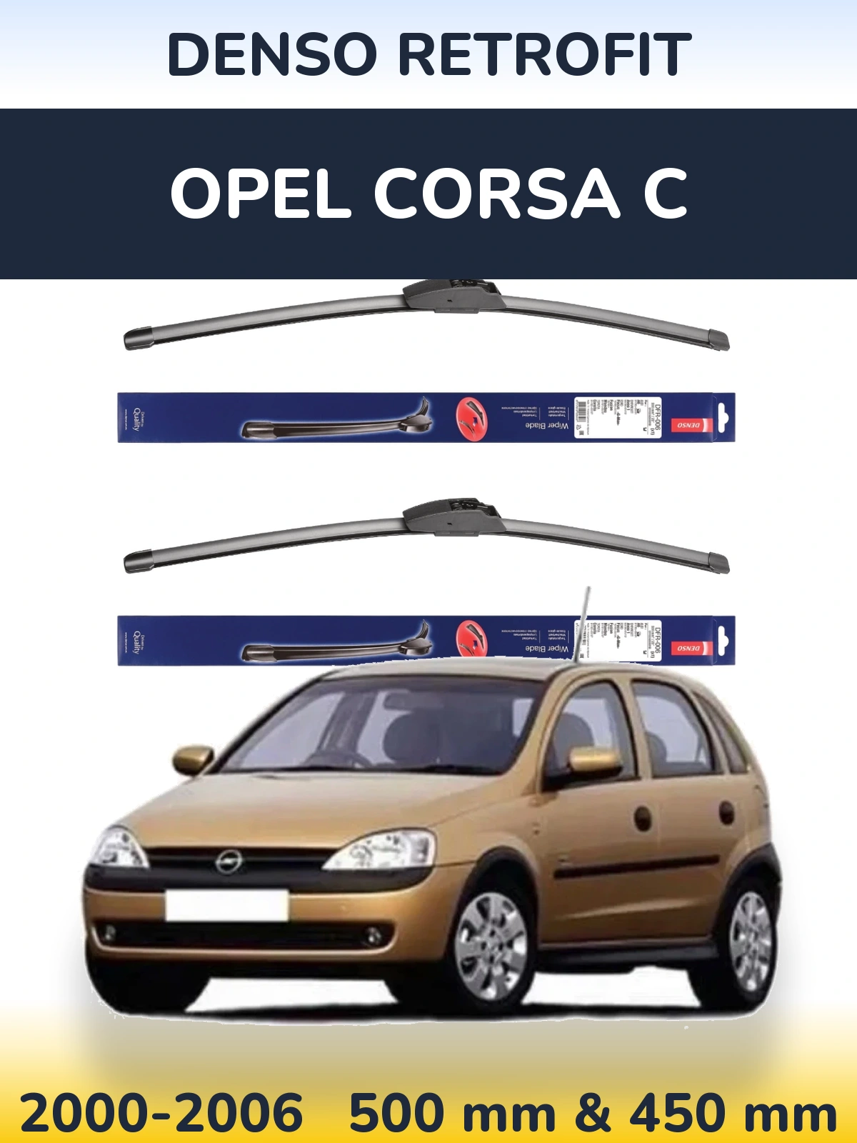 Sada předních stěračů Denso Retrofit 500 a 450 mm pro Opel Corsa C 2000-2006