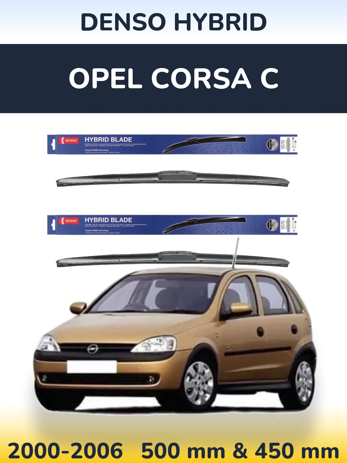 Sada předních stěračů Denso Hybrid 500 a 450 mm pro Opel Corsa C 2000-2006