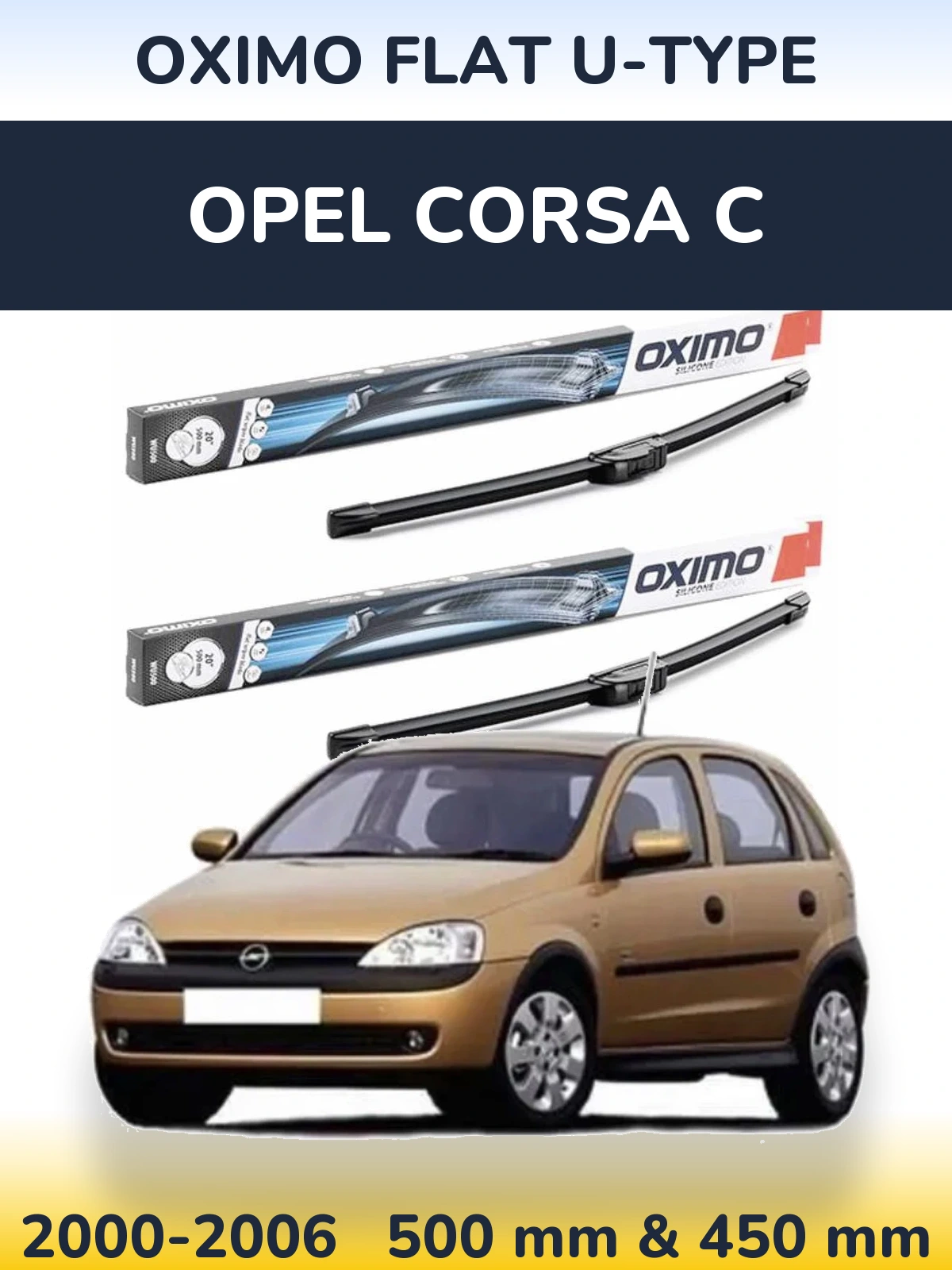 Sada předních stěračů Oximo Flat U-type 500 a 450 mm pro Opel Corsa C 2000-2006