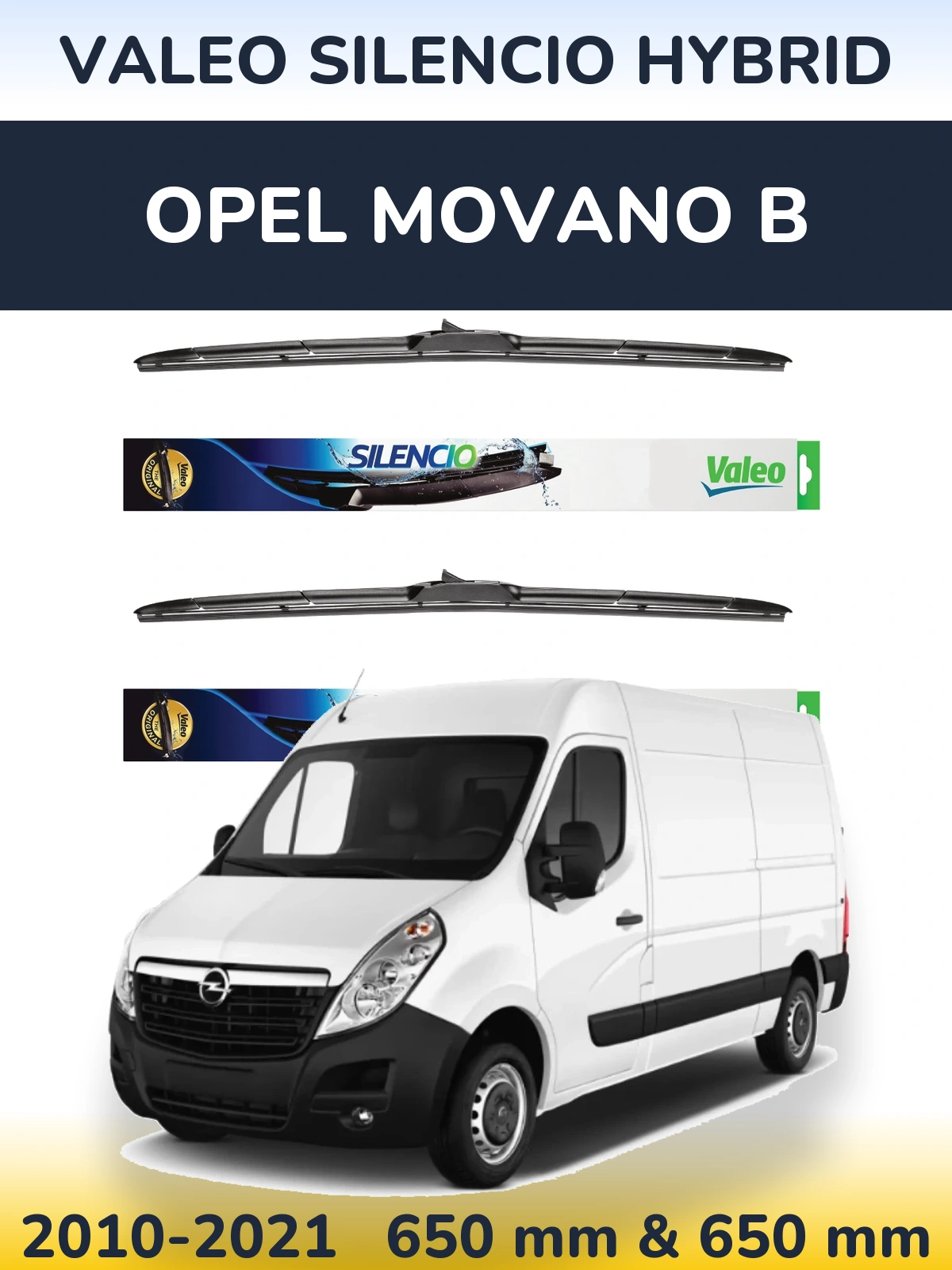 Sada předních stěračů Valeo Silencio Hybrid 650 a 650 mm pro Opel Movano B 2010-2021