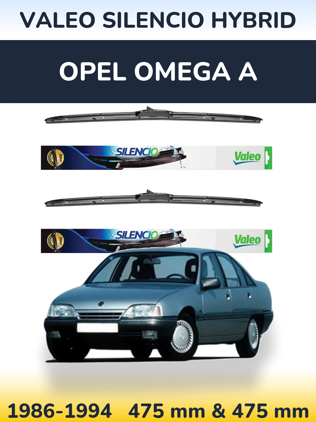 Sada předních stěračů Valeo Silencio Hybrid 475 a 475 mm pro Opel Omega A 1986-1994