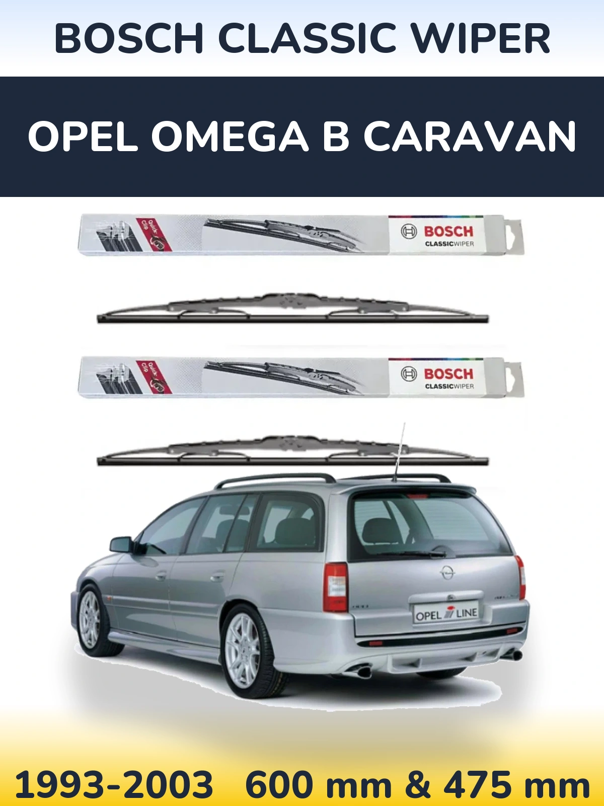 Sada předních stěračů BOSCH Classic Wiper 600 a 475 mm pro Opel Omega B Caravan 1993-2003
