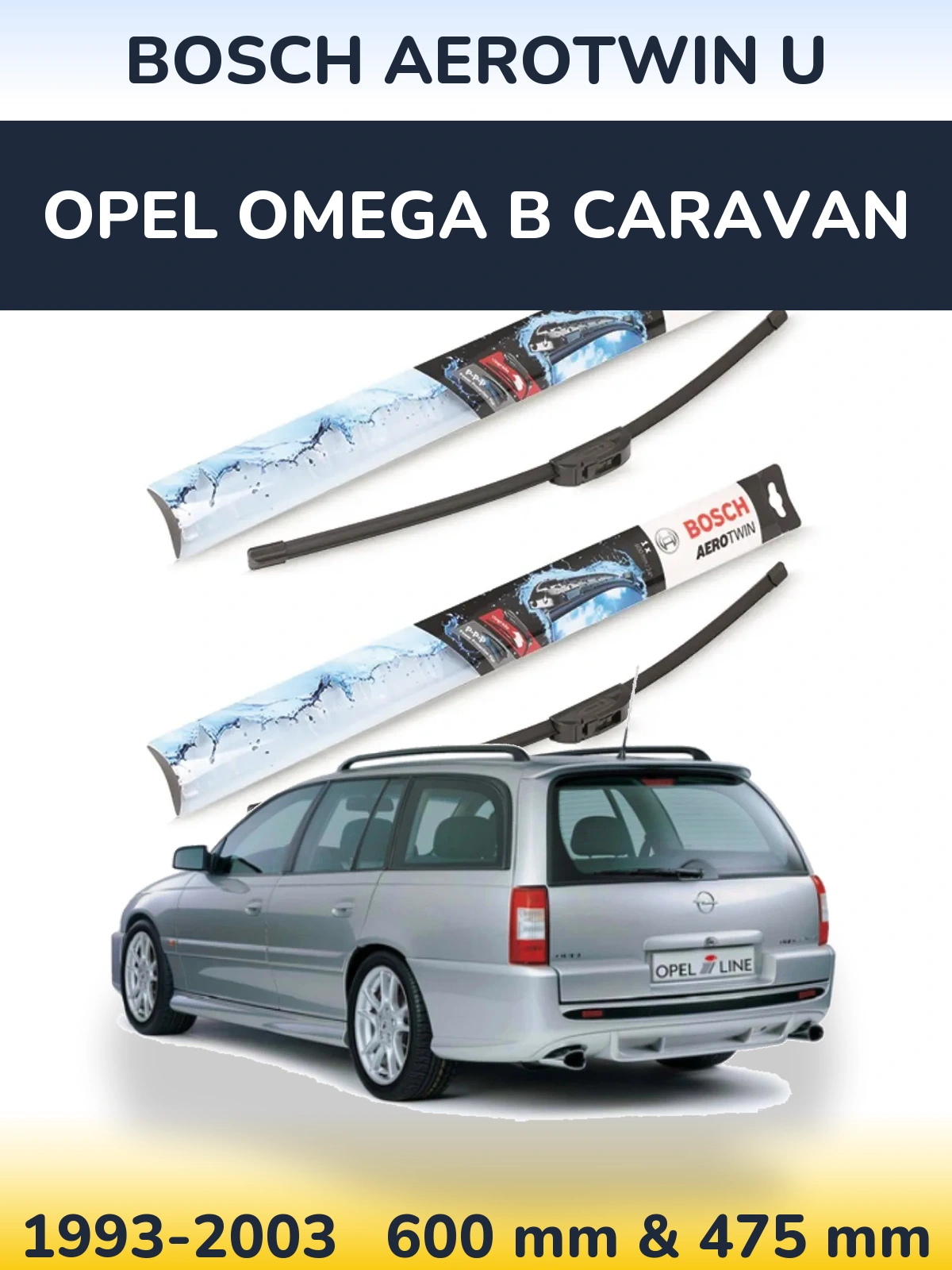 Sada předních stěračů BOSCH AeroTwin U 600 a 475 mm pro Opel Omega B Caravan 1993-2003