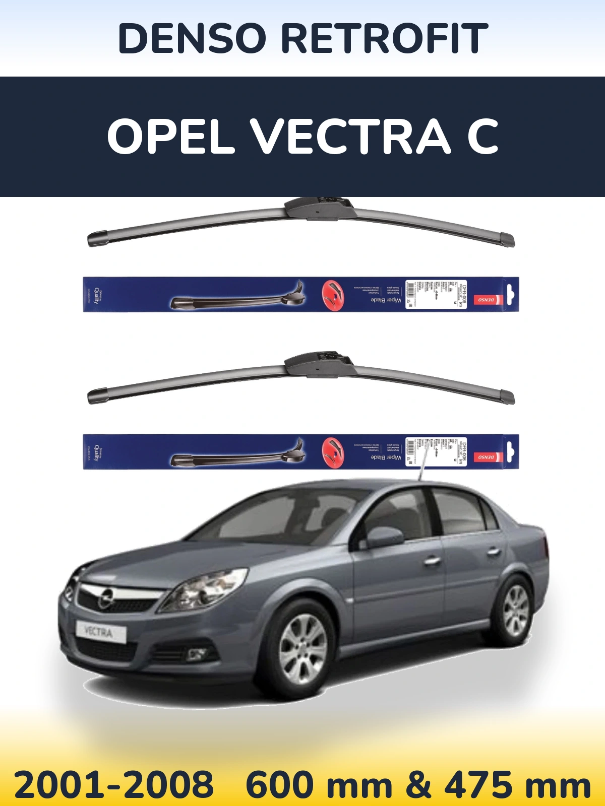 Sada předních stěračů Denso Retrofit 600 a 475 mm pro Opel Vectra C 2001-2008
