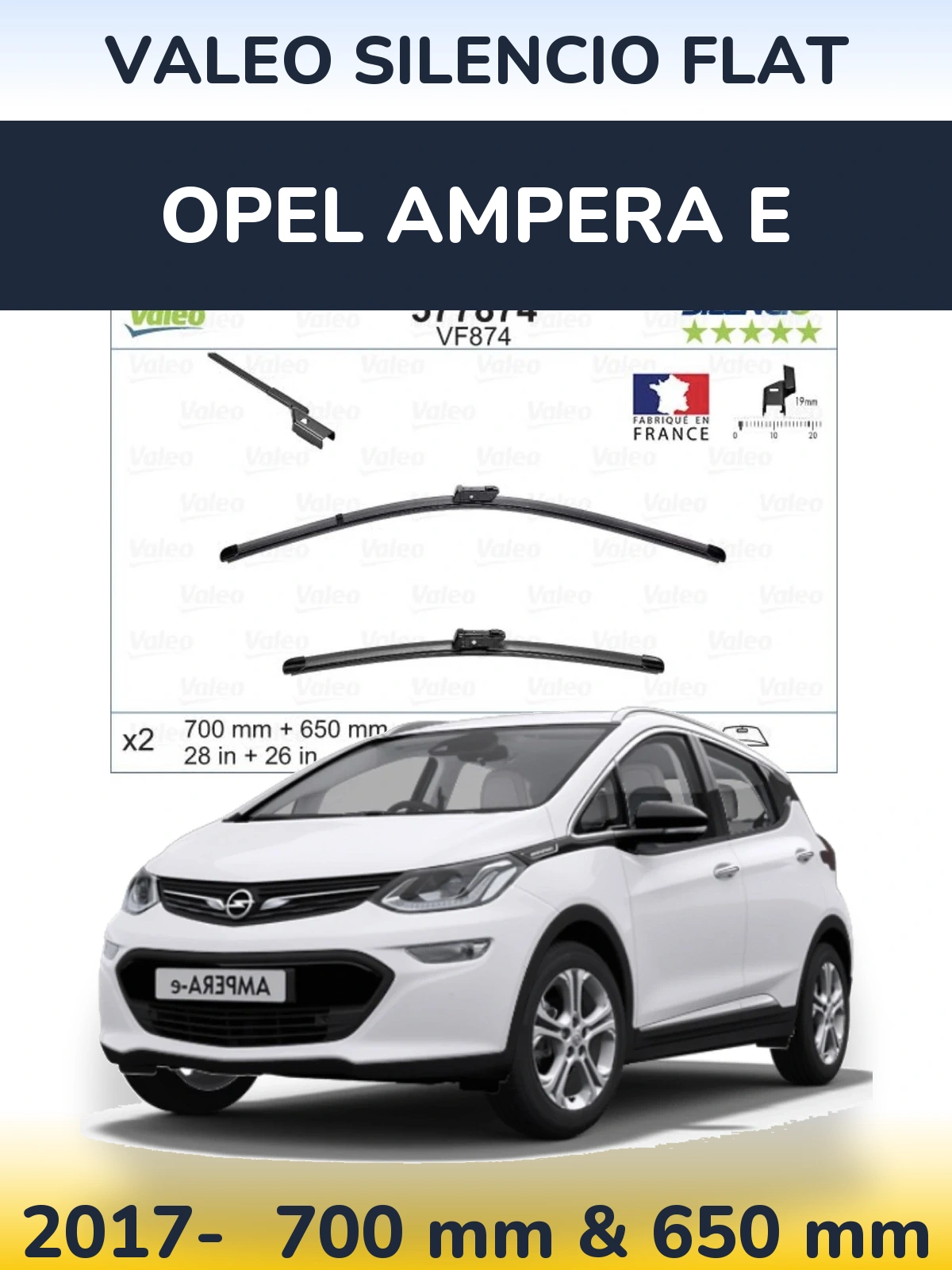 Sada předních stěračů Valeo Silencio Flat 700 a 650 mm pro Opel Ampera E 2017-2026