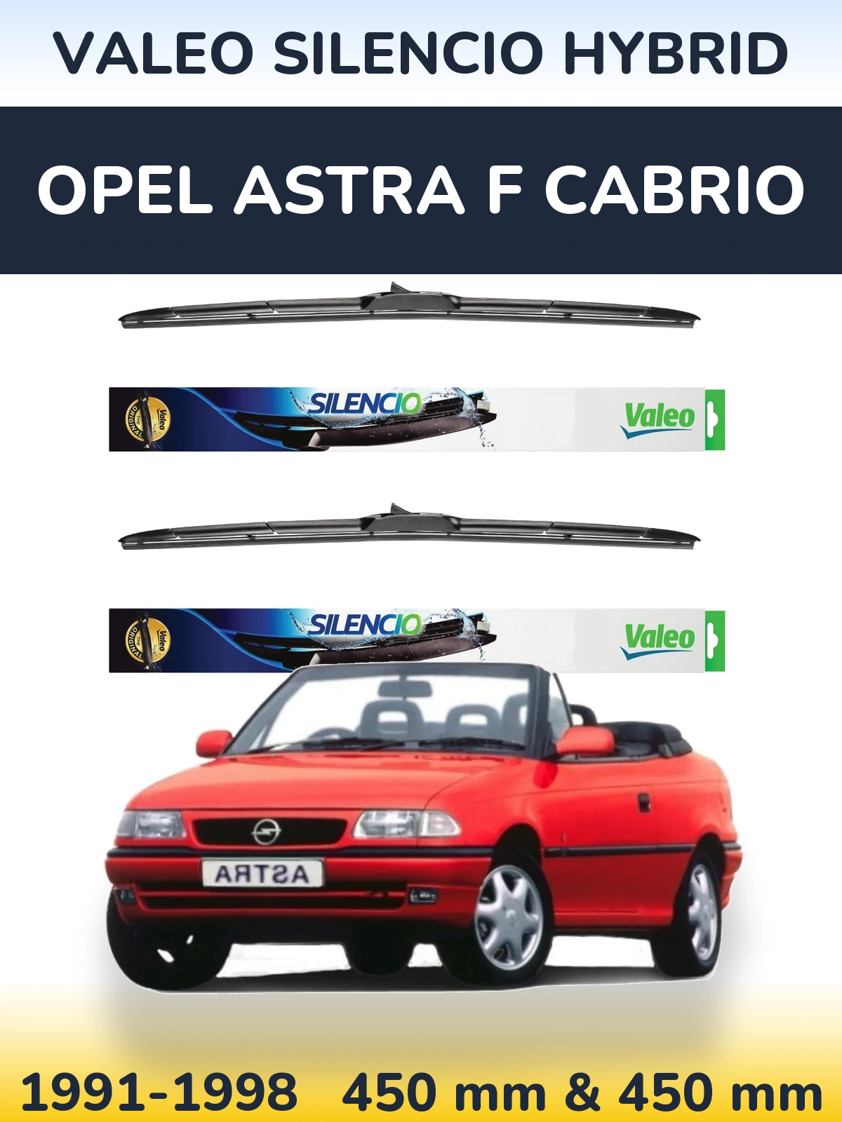Sada předních stěračů Valeo Silencio Hybrid 450 a 450 mm pro Opel Astra F cabrio 1991-1998