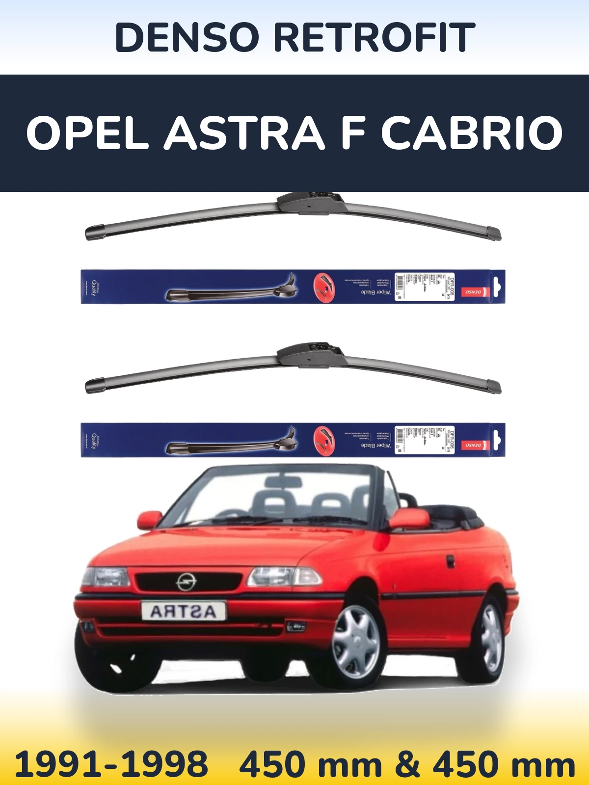 Sada předních stěračů Denso Retrofit 450 a 450 mm pro Opel Astra F cabrio 1991-1998