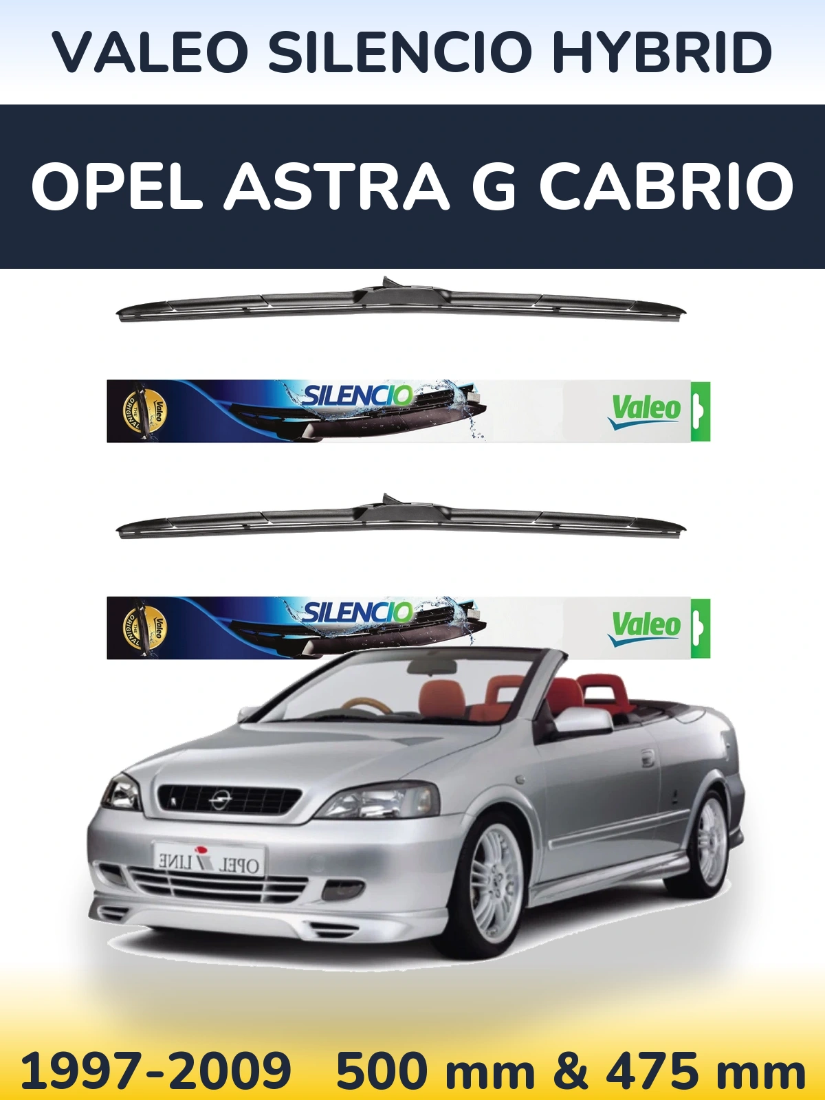 Sada předních stěračů Valeo Silencio Hybrid 500 a 475 mm pro Opel Astra G cabrio 1997-2009