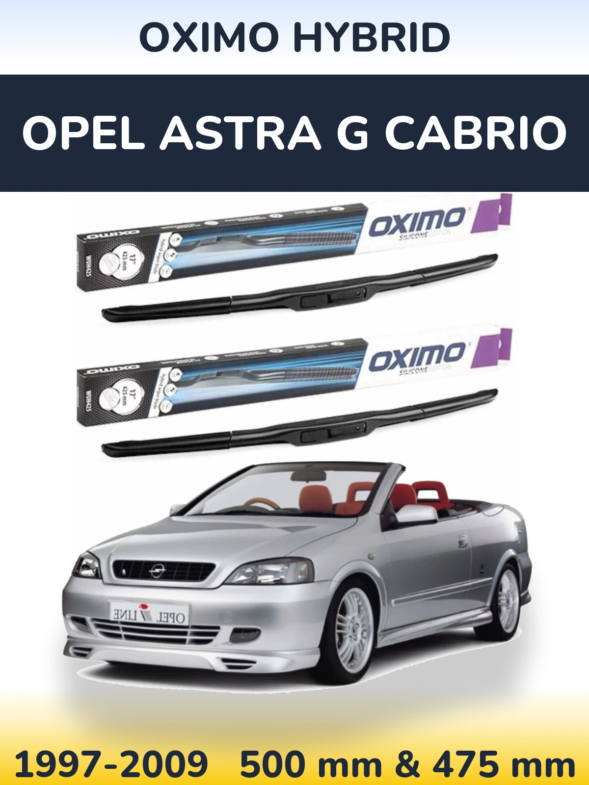 Sada předních stěračů Oximo Hybrid 500 a 475 mm pro Opel Astra G cabrio 1997-2009