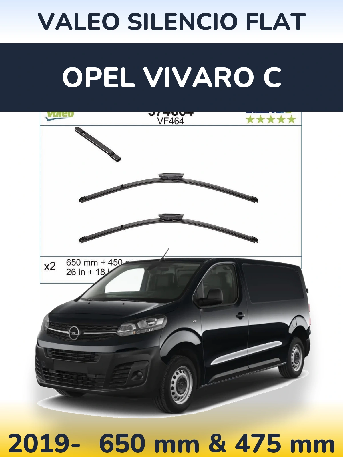 Комплект передніх щіток Valeo Silencio Flat 650 & 450 мм для Opel Vivaro C 2019-2026